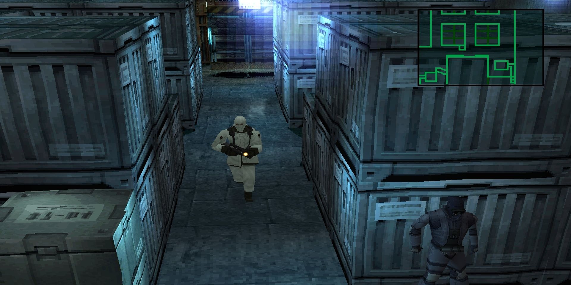 Solid Snake hiding in Metal Gear Solid
