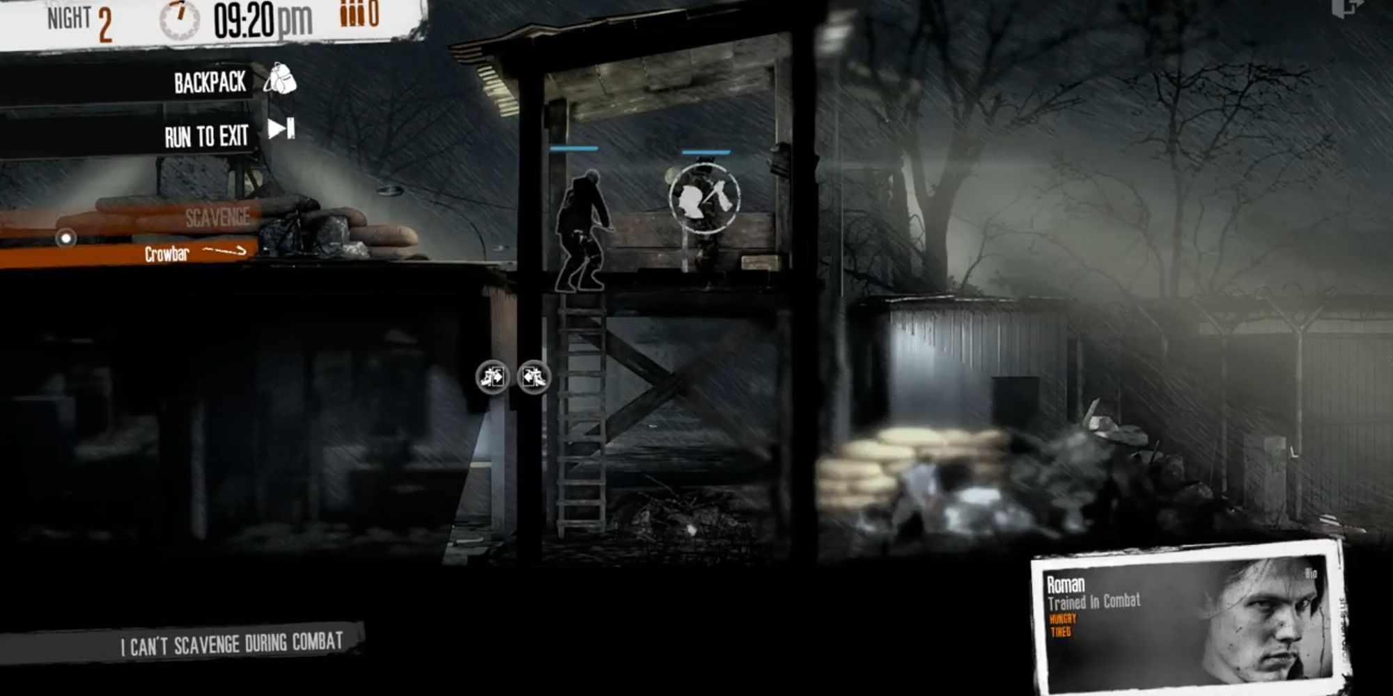This War Of Mine: Military Outpost Screenshot With Roman as the character about to take out a soldier stealthily
