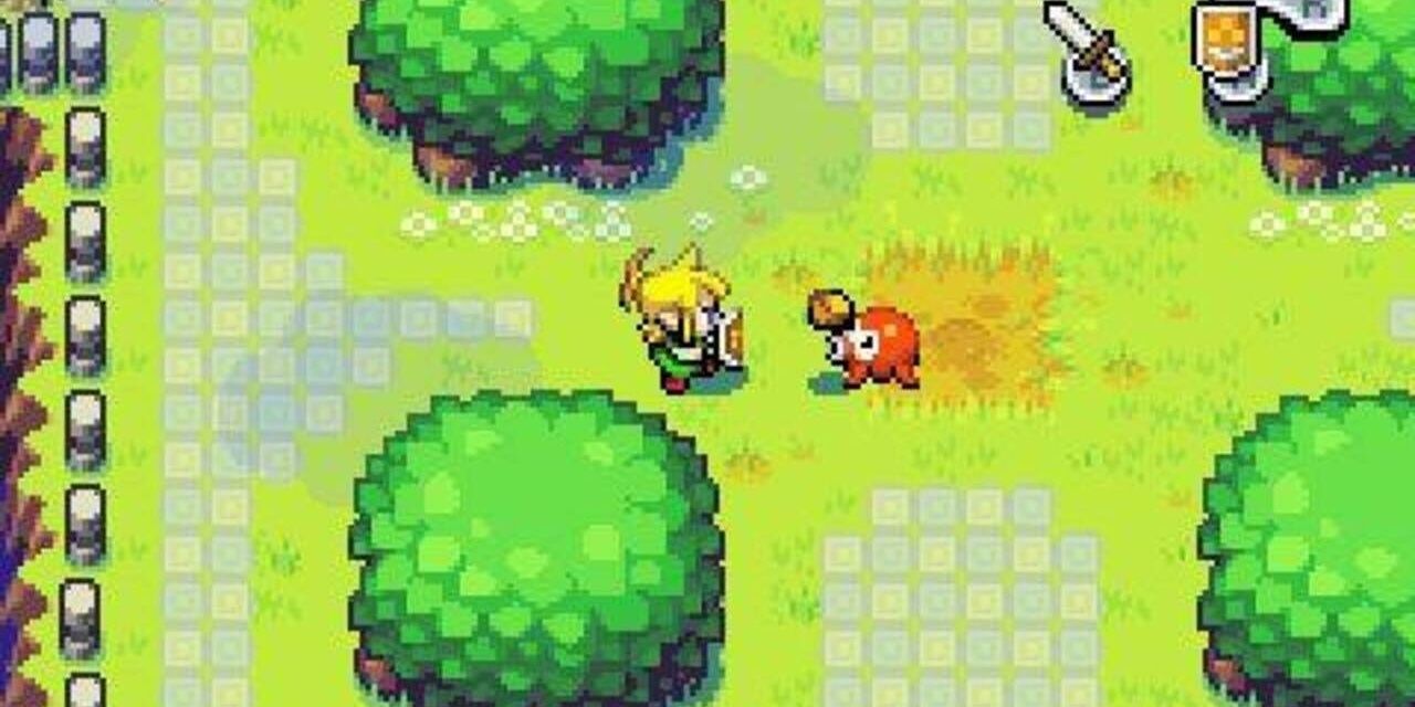 A screenshot showing Link fighting an Octorock in The Legend of Zelda: The Minish Cap