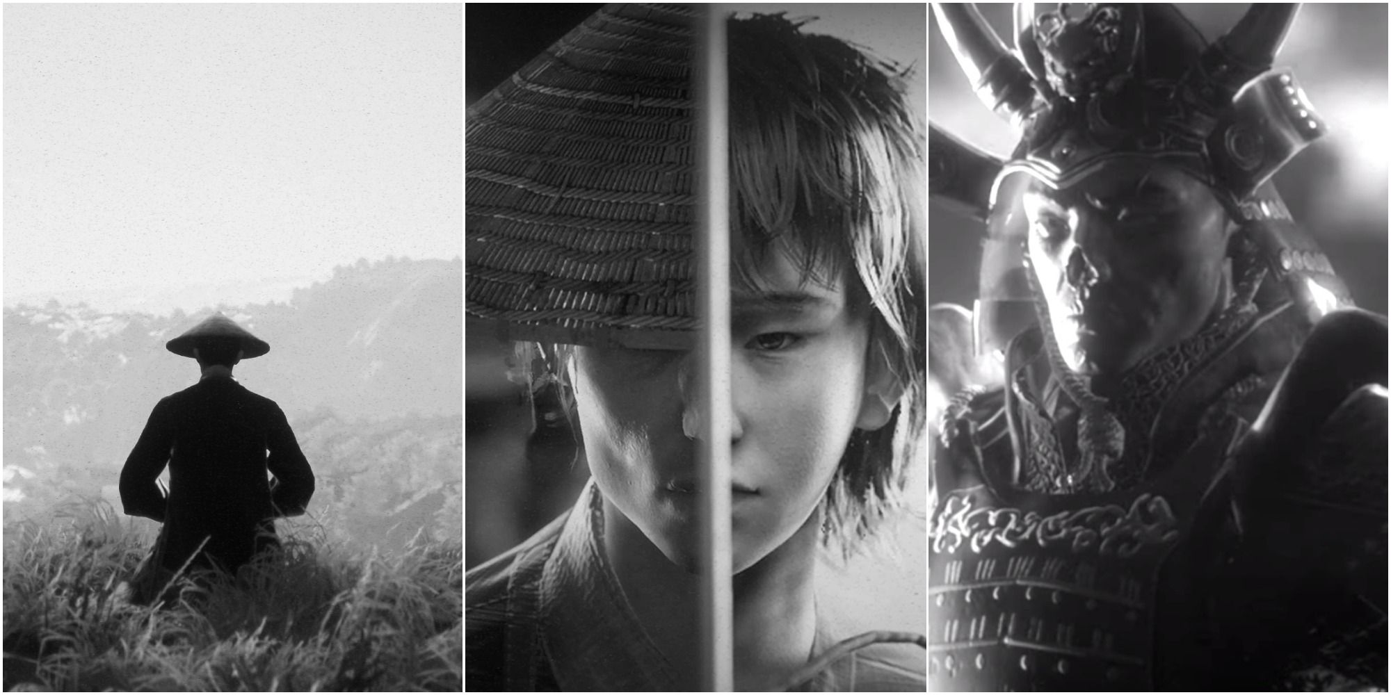 Trek To Yomi Title Collage black and white samural field samurai sword demon samurai