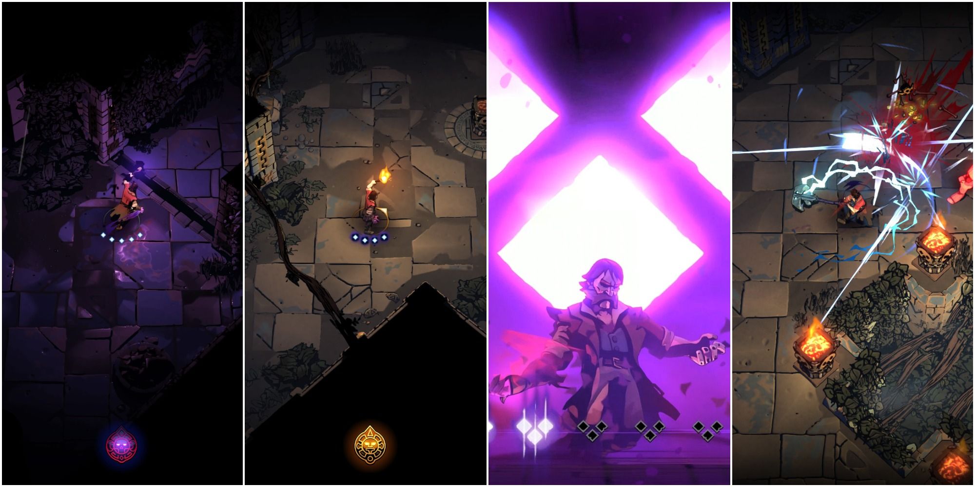 Split image of the explorer wielding a dark torch, having less stamina, gaining a curse, and wielding a hammer
