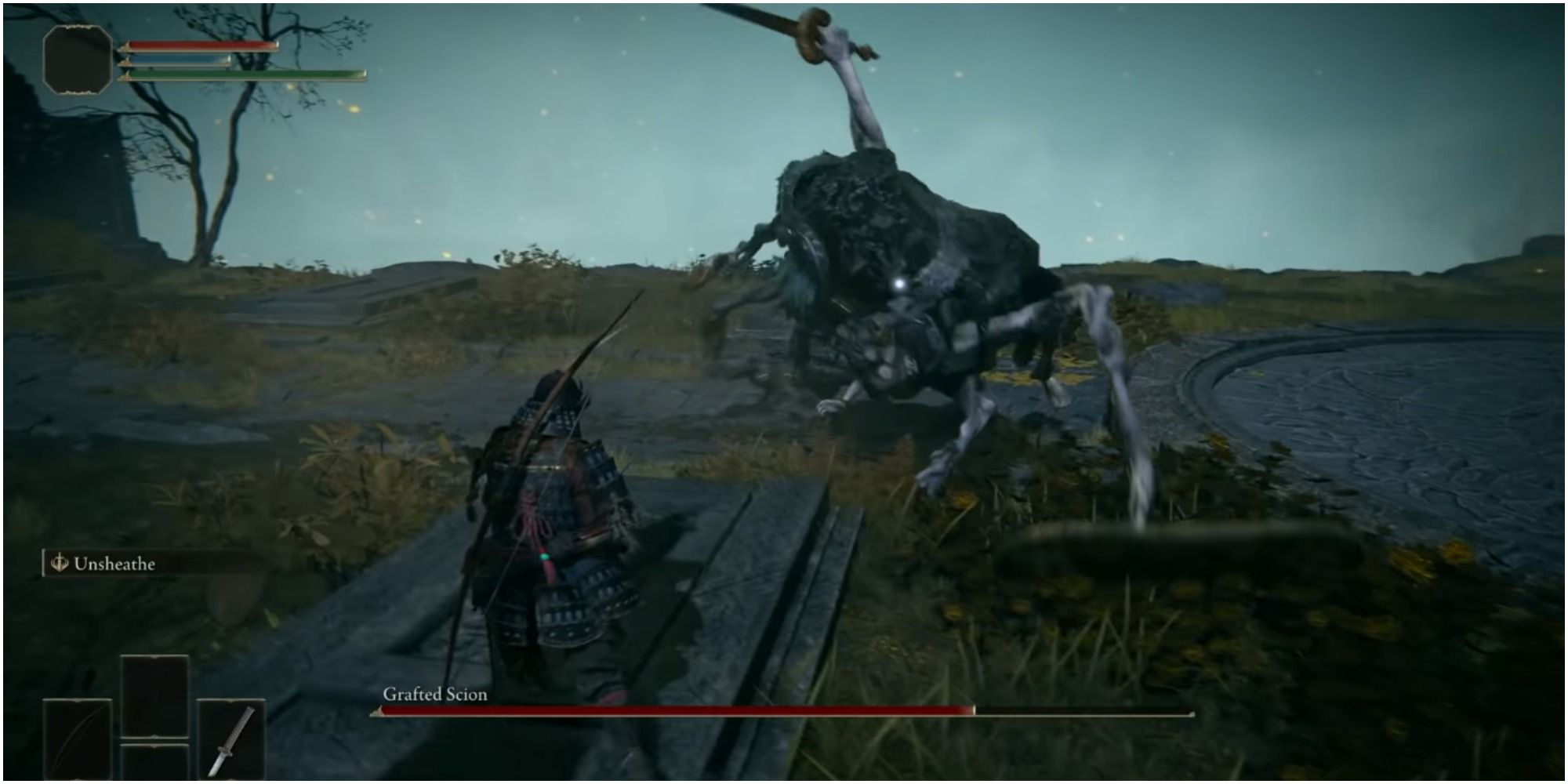 The boss attacking the player with its weapon.