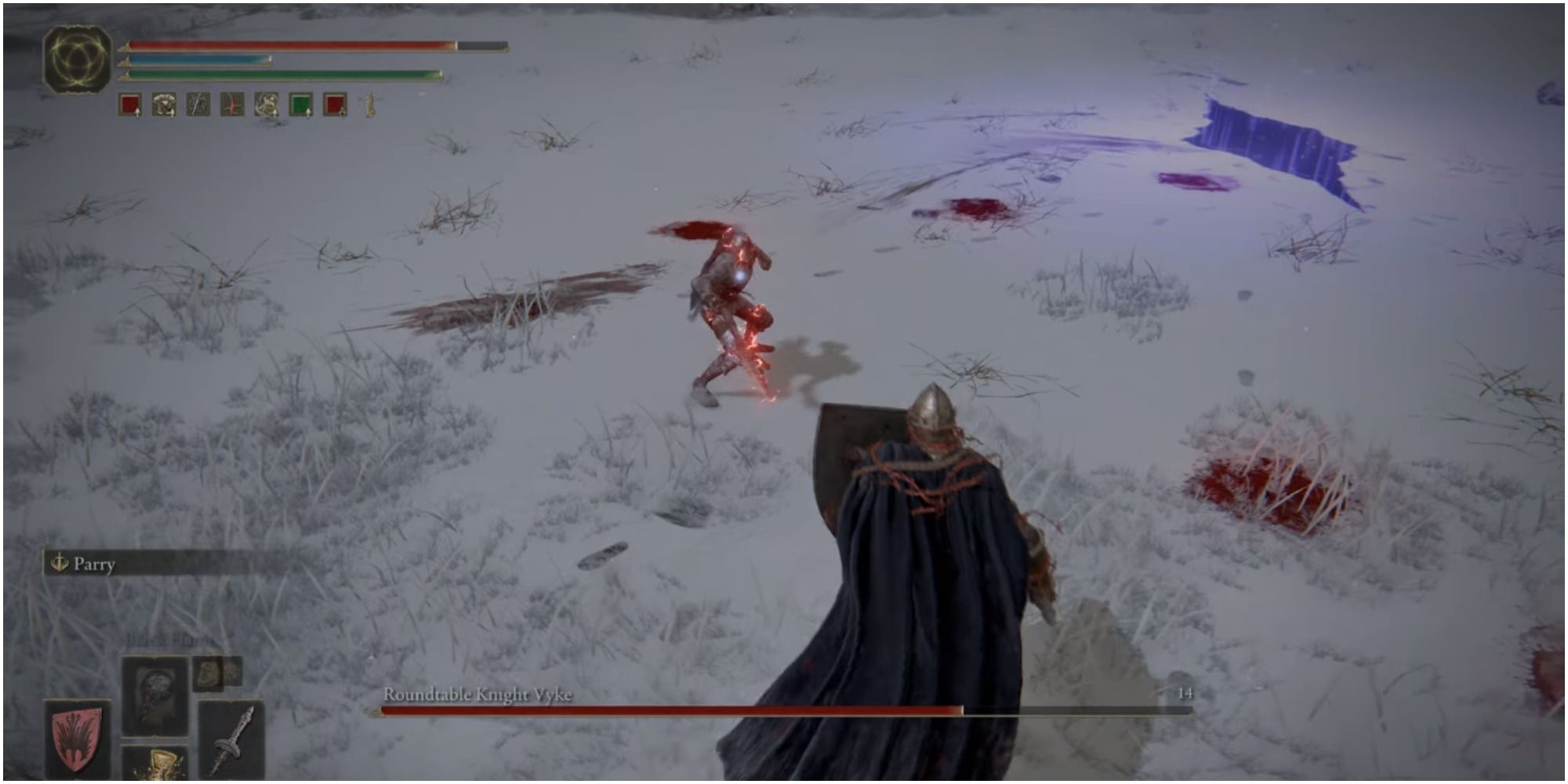 The boss thrusting the player with his spear.