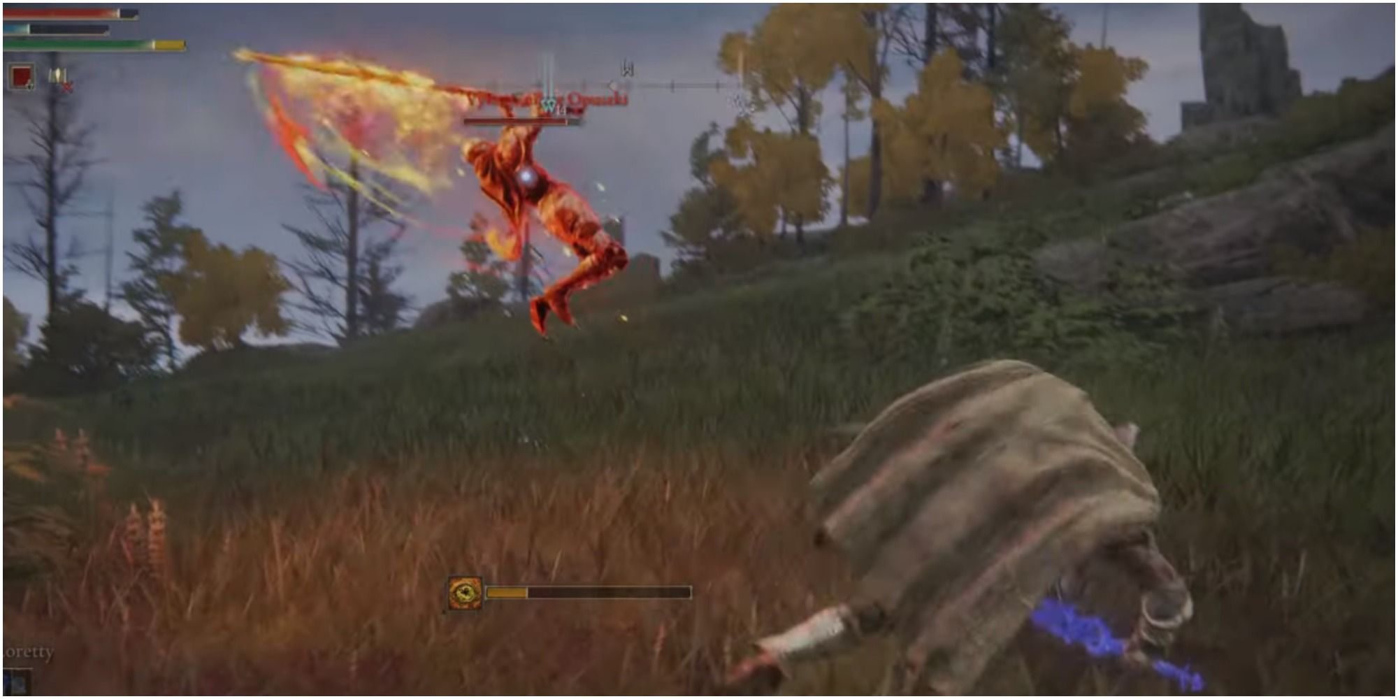 The boss leaping into the air to slam down his spear.