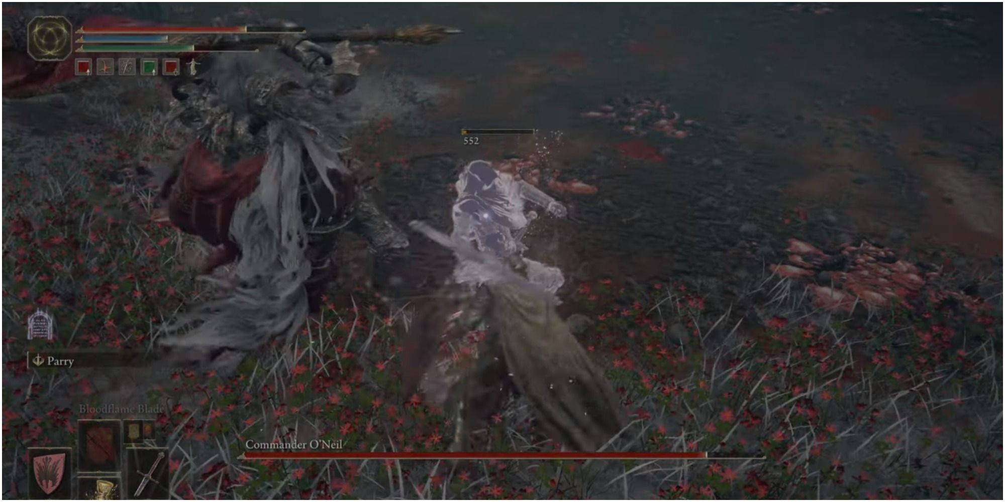 The player using the melee weapon on the boss.