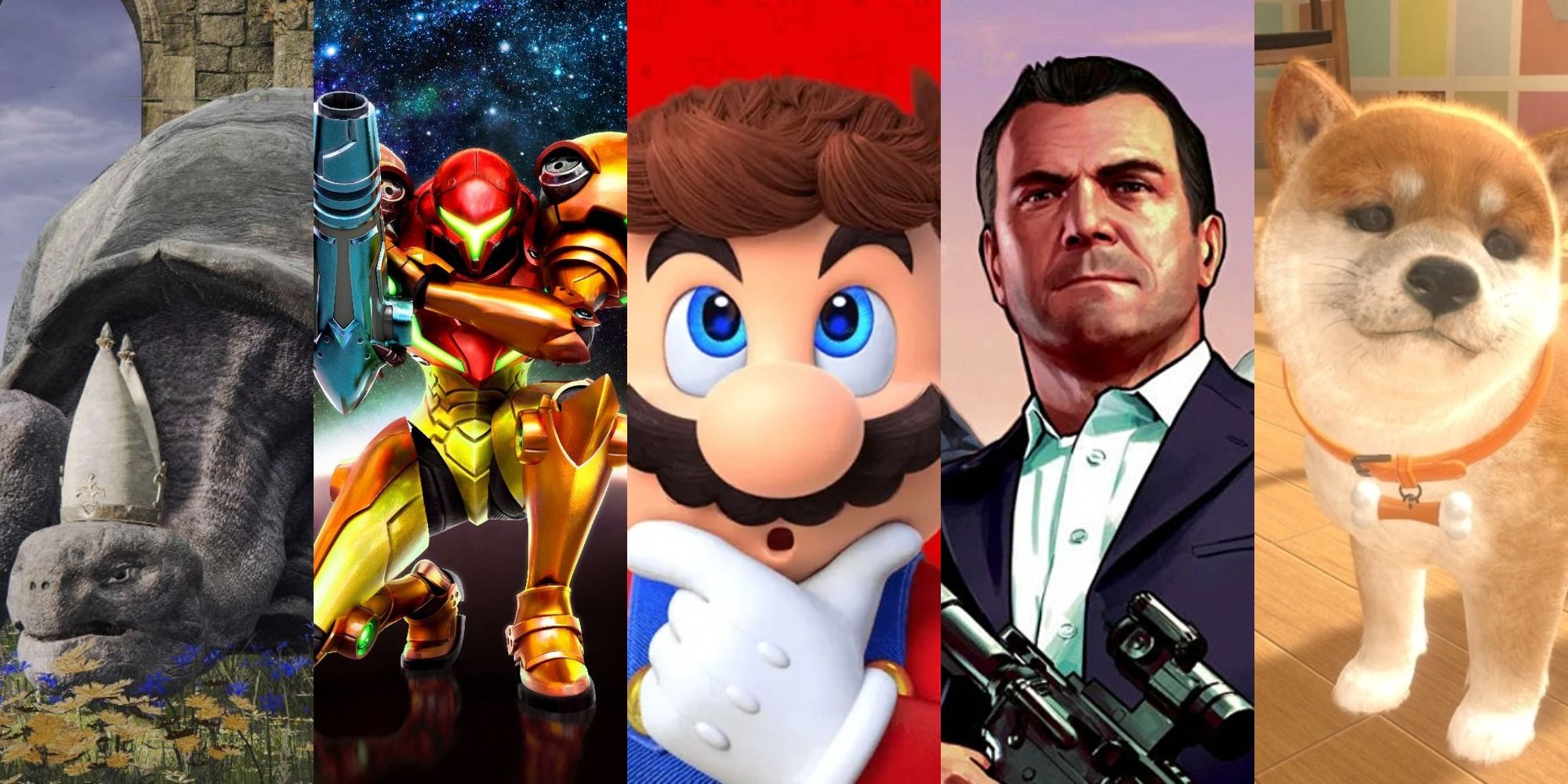 Mario Thinking in between Samus From Metroid, a Shiba Inu from Nintendogs, Turtle Pope from Elden RIng, and Franklin, and Michael from GTAV