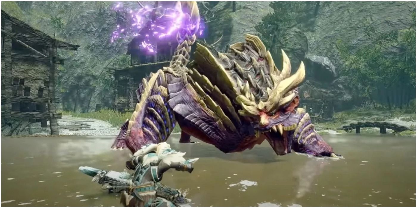 a hunter covers his ears as magnamalo roars. his tail is alight in purple flame and the hunter is defenseless
