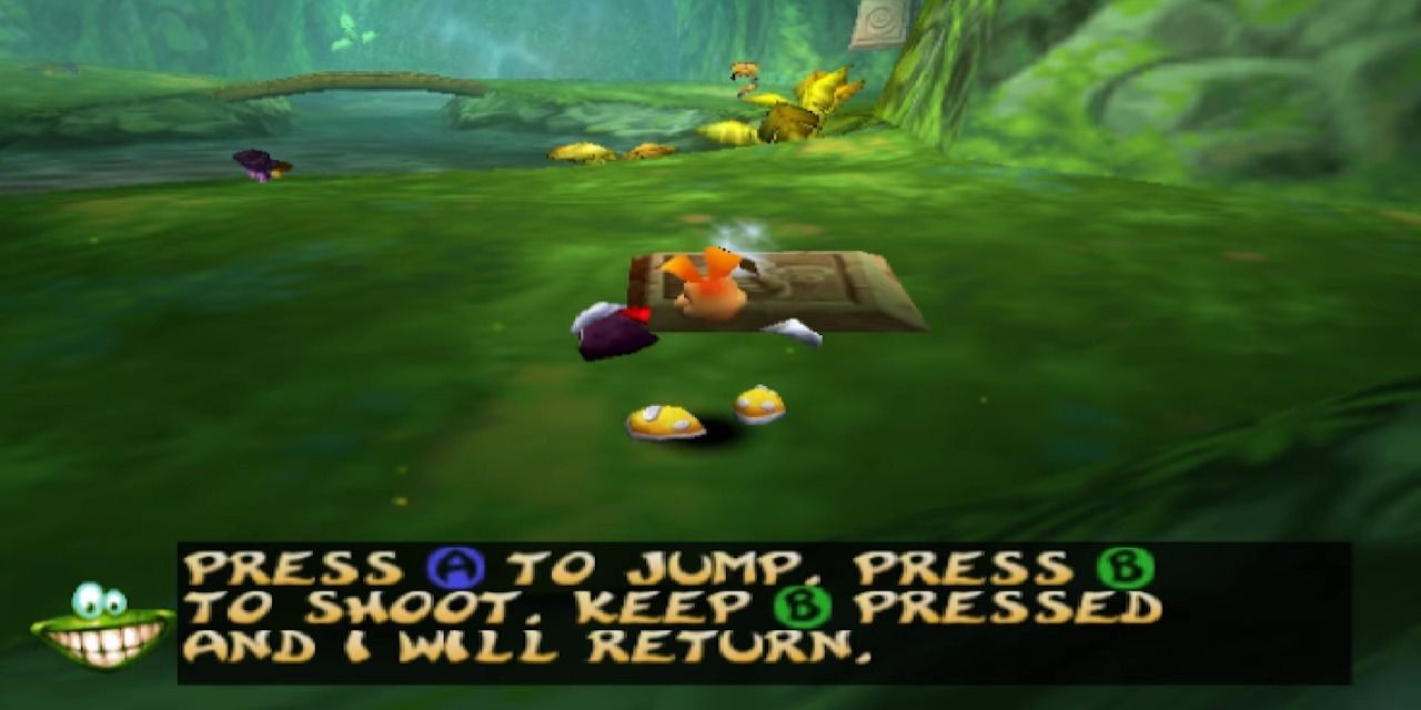 A screenshot showing Rayman playing his torso like a basketball in Rayman 2: The Great Escape