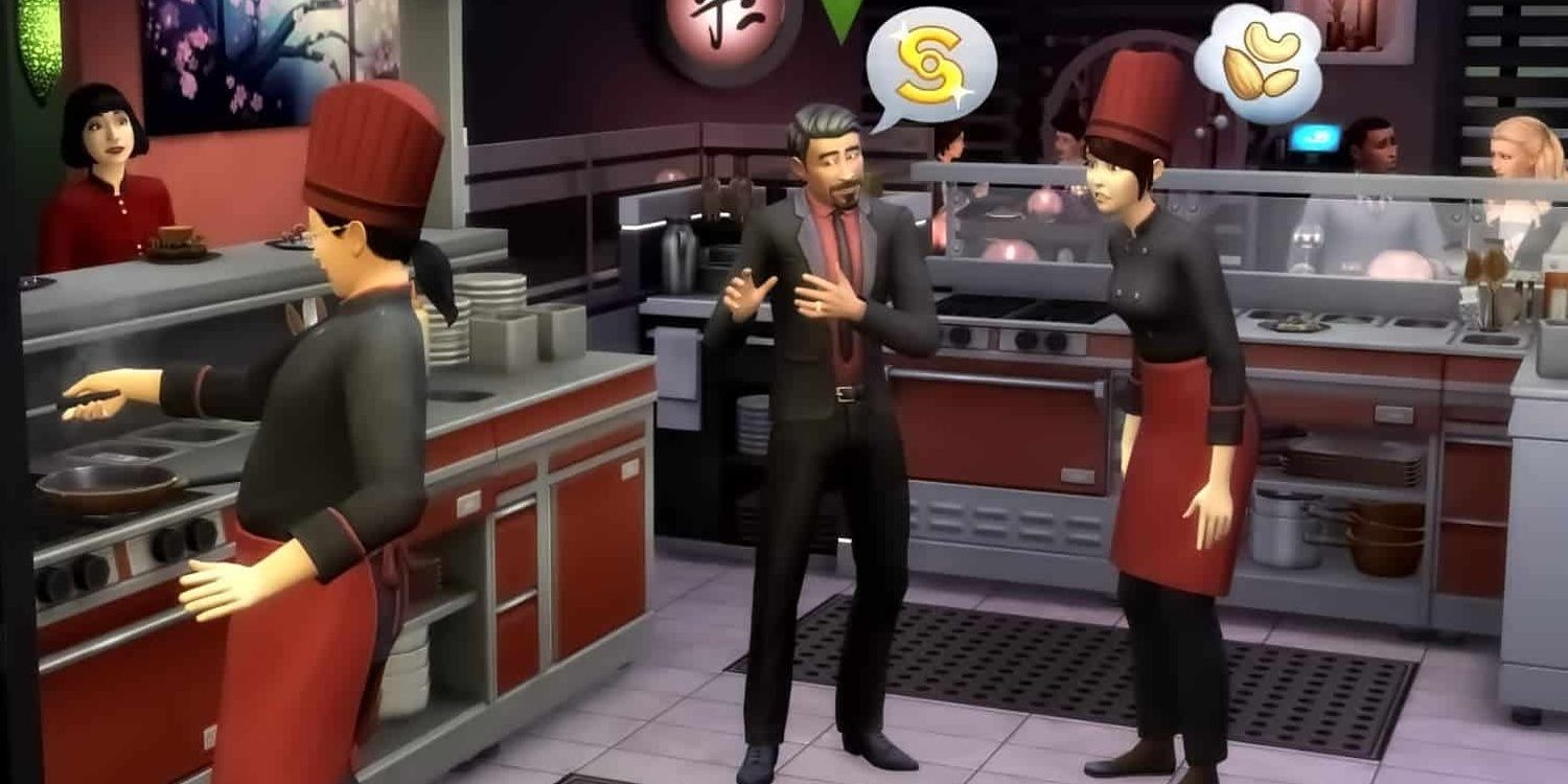 A screenshot showing sims working in a kitchen in The Sims 4