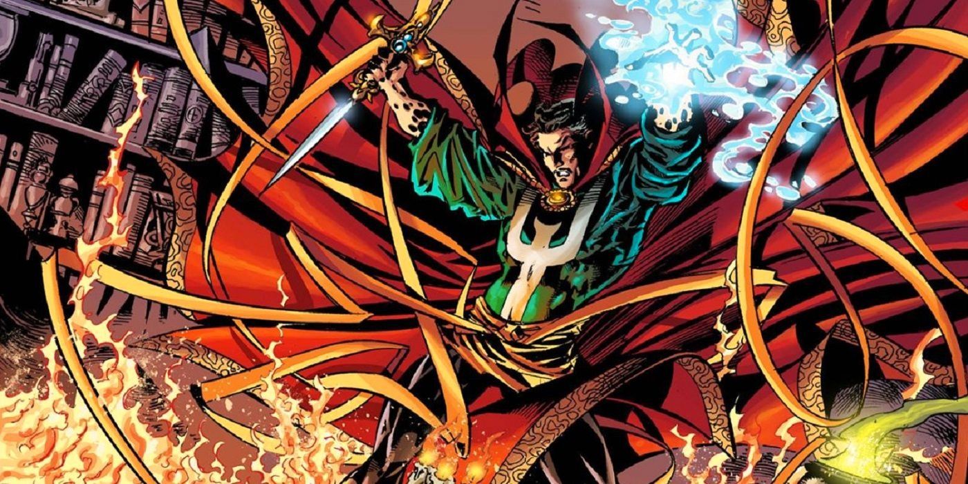 doctor strange fends off a fiery attack with his yellow sash