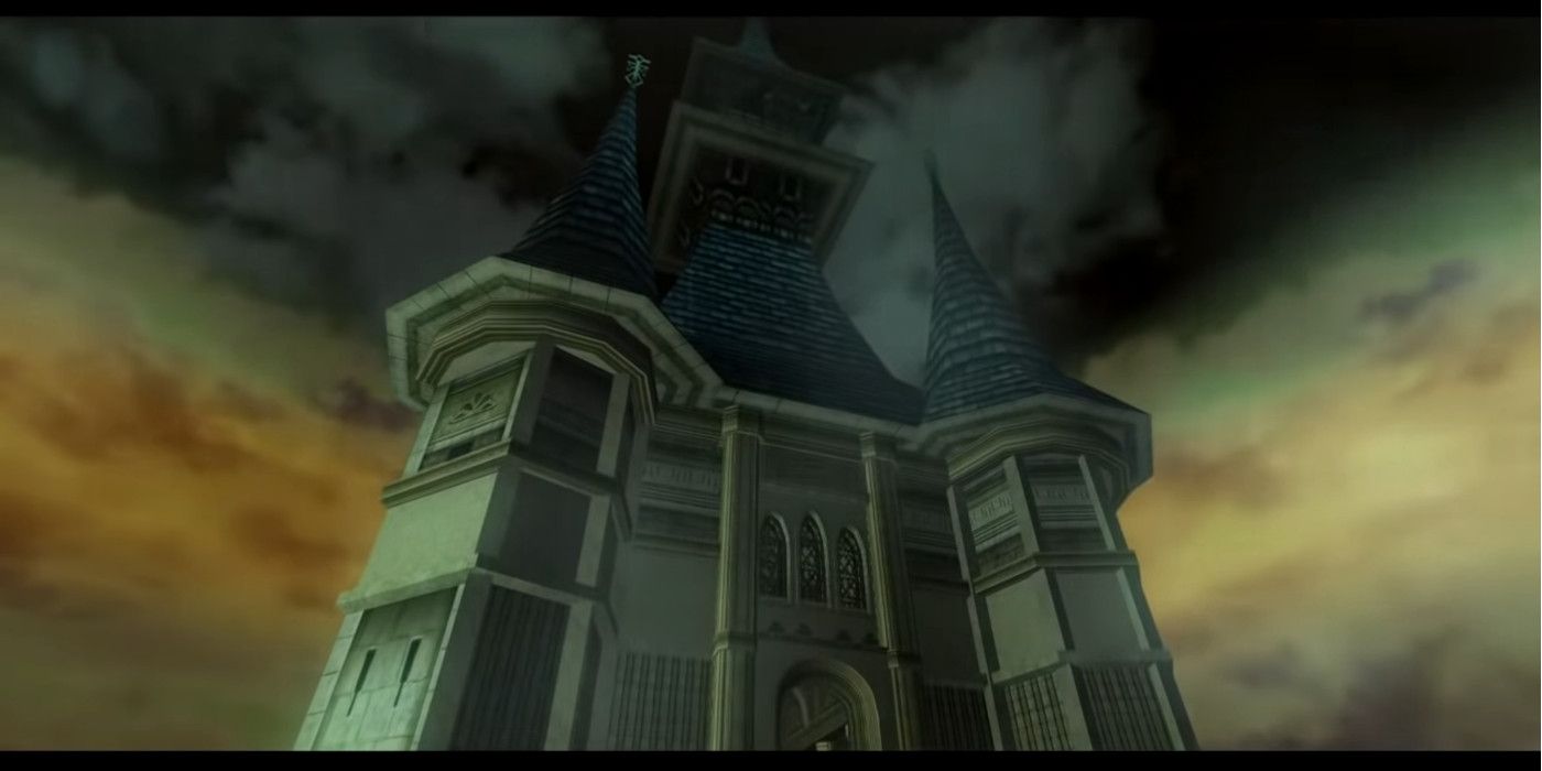 Twilight Princess image of gothic building with three steeples against cloudy sky