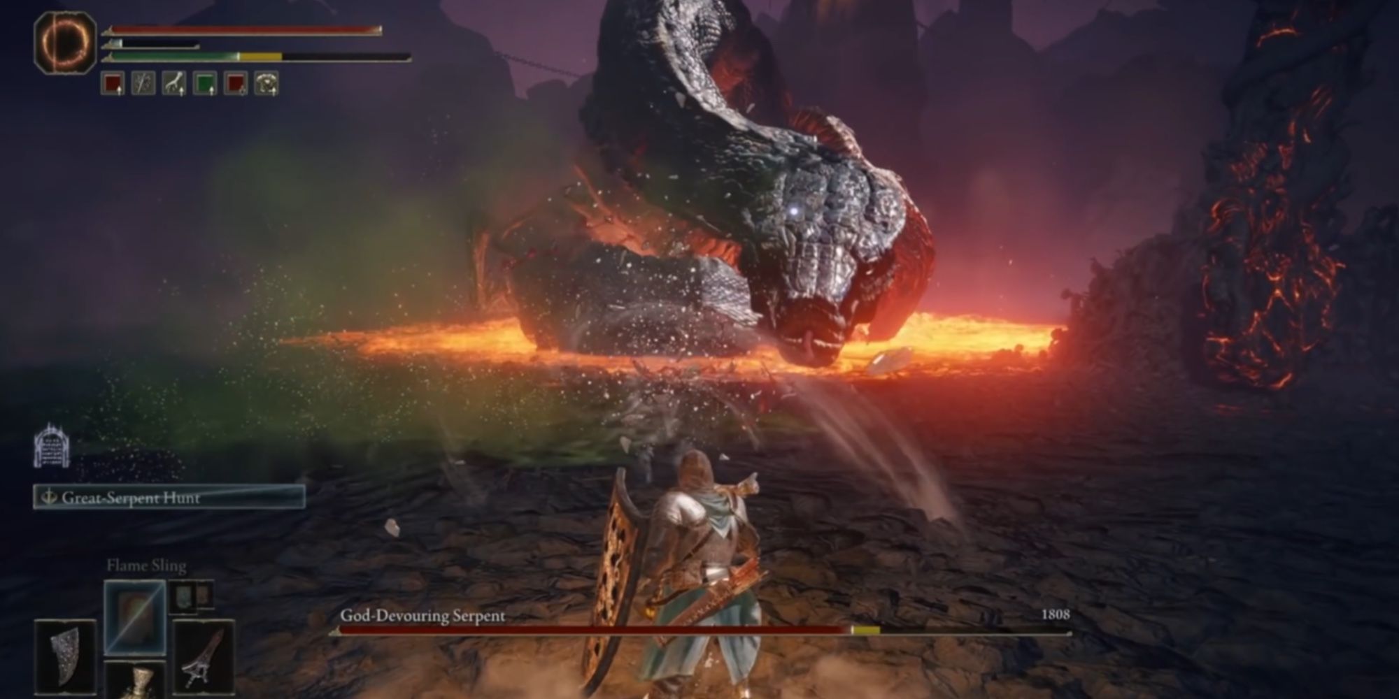 Elden Ring The lowly Tarnished wields The Great Serpent Hunter