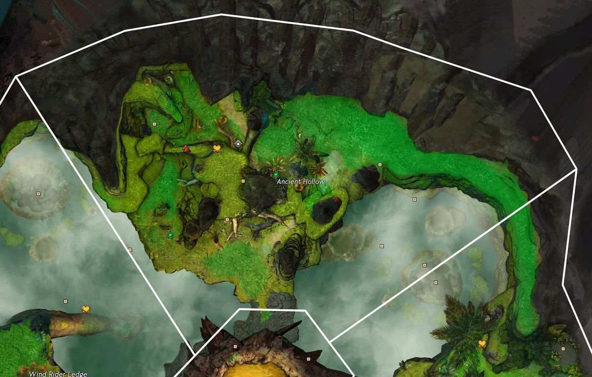 A screenshot of the Ancient Hollow Region of the Draconis Mons map in Guild Wars 2