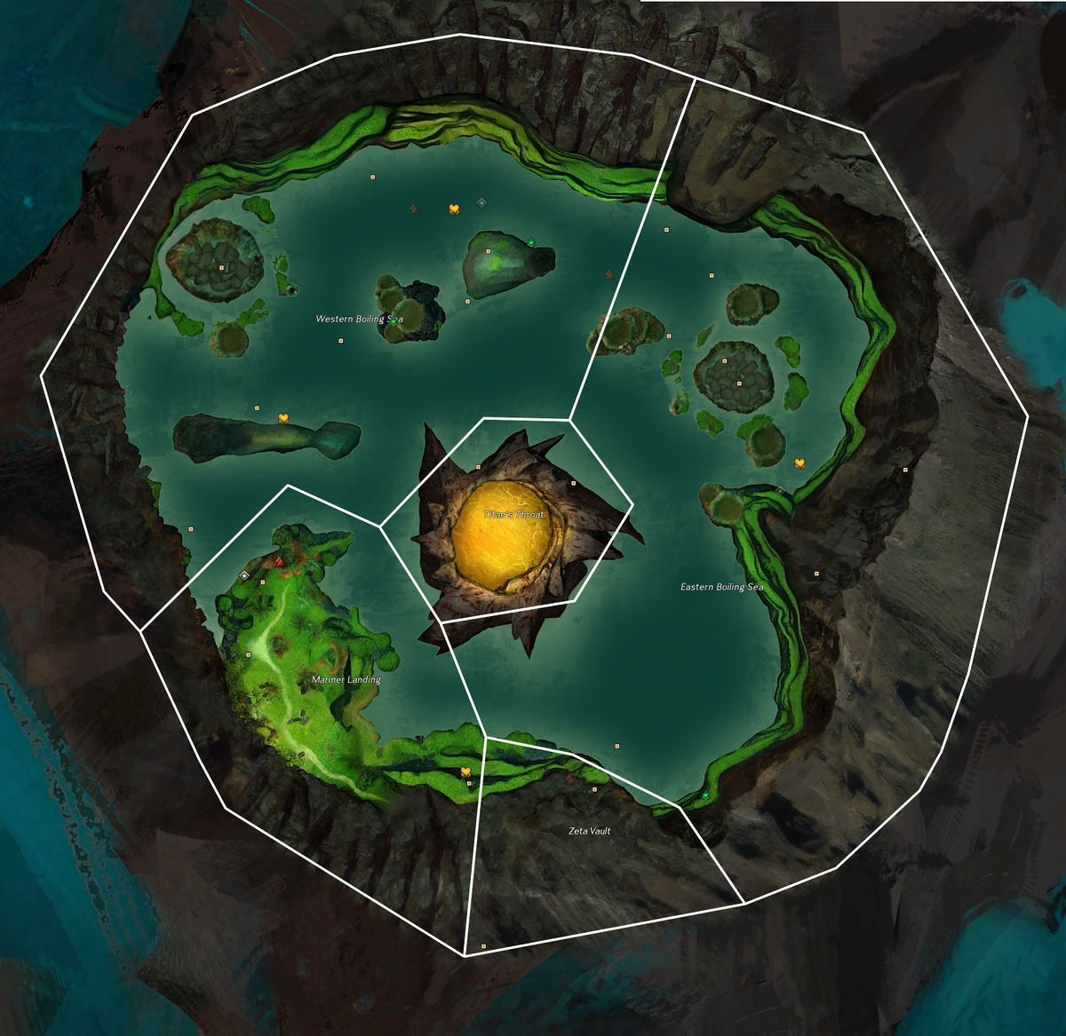 The lower level layer of the Dracon Mons map, several island bodies and a volcano in the center