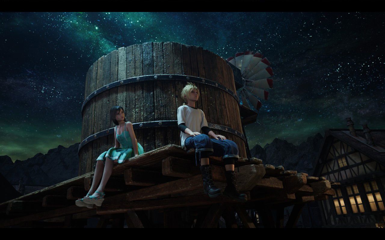 Cloud and Tifa sit on the well at Nibelheim as children in Final Fantasy 7 Remake, below a starry sky.