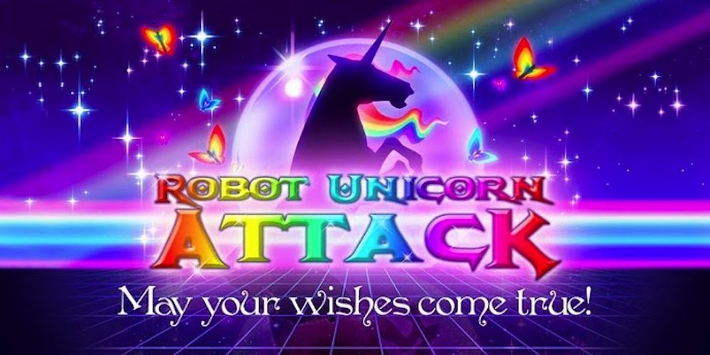 A Shadowy unicorn with a rainbow mane in front of a starry sky with rainbows and butterflies coming out