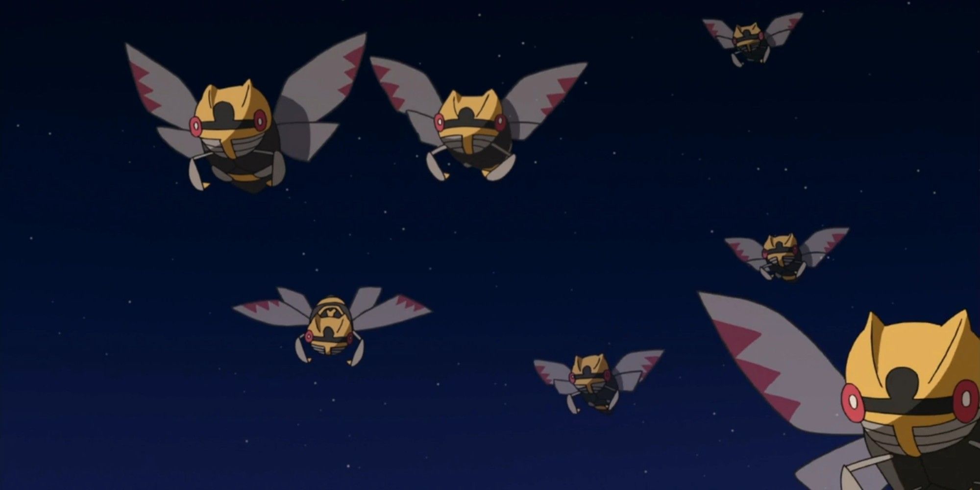 A group of ninjask flying in the night sky
