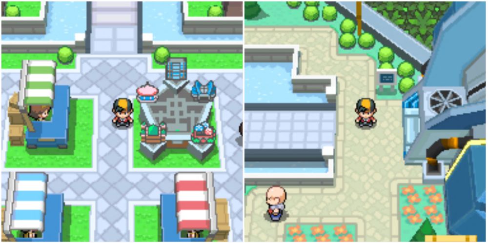 Split image screenshots of Ethan at the Battle Frontier in Pokemon HeartGold/SoulSilver.