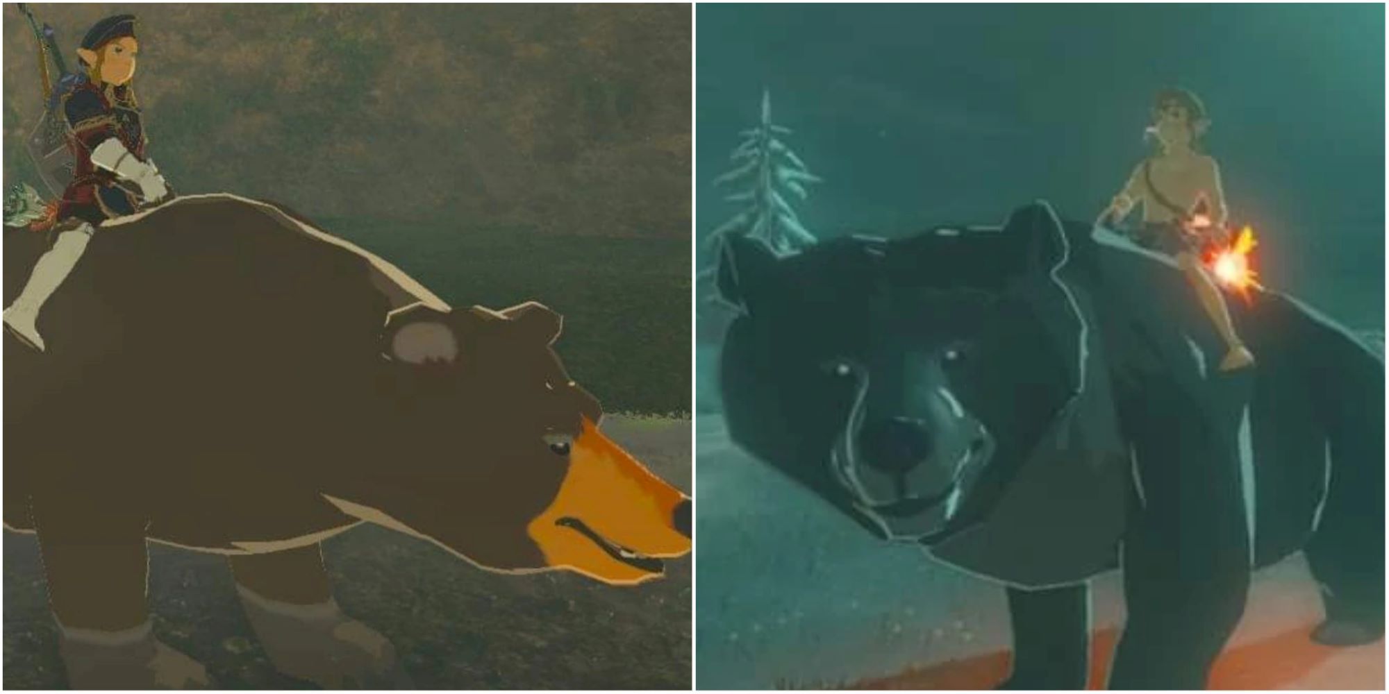 Split image screenshots of Link riding a Honeyvore Bear and Link riding a Grizzlemaw Bear.