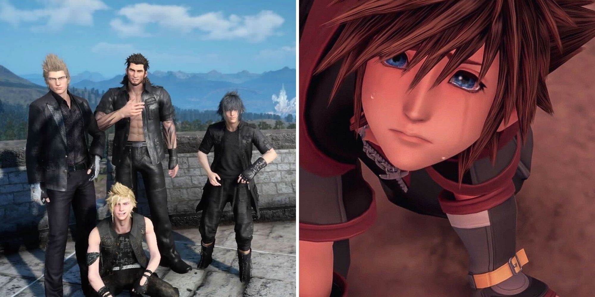 Ignis, Gladio, Noctis, and Prompto pose side by side for a picture. Sora on the ground crying