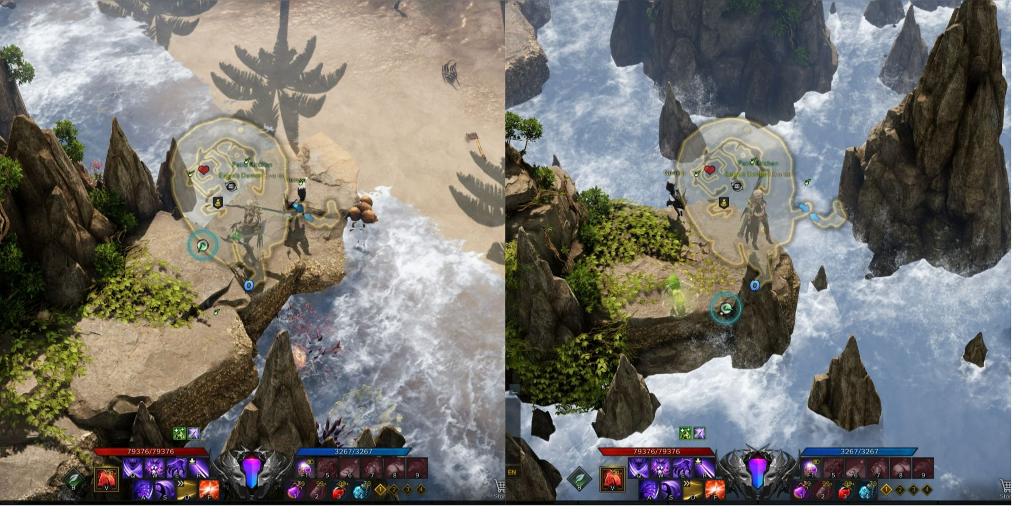 Lost Ark split image of Blackfang's Den mokoko seed 4 location and its secret entrance with minimap open