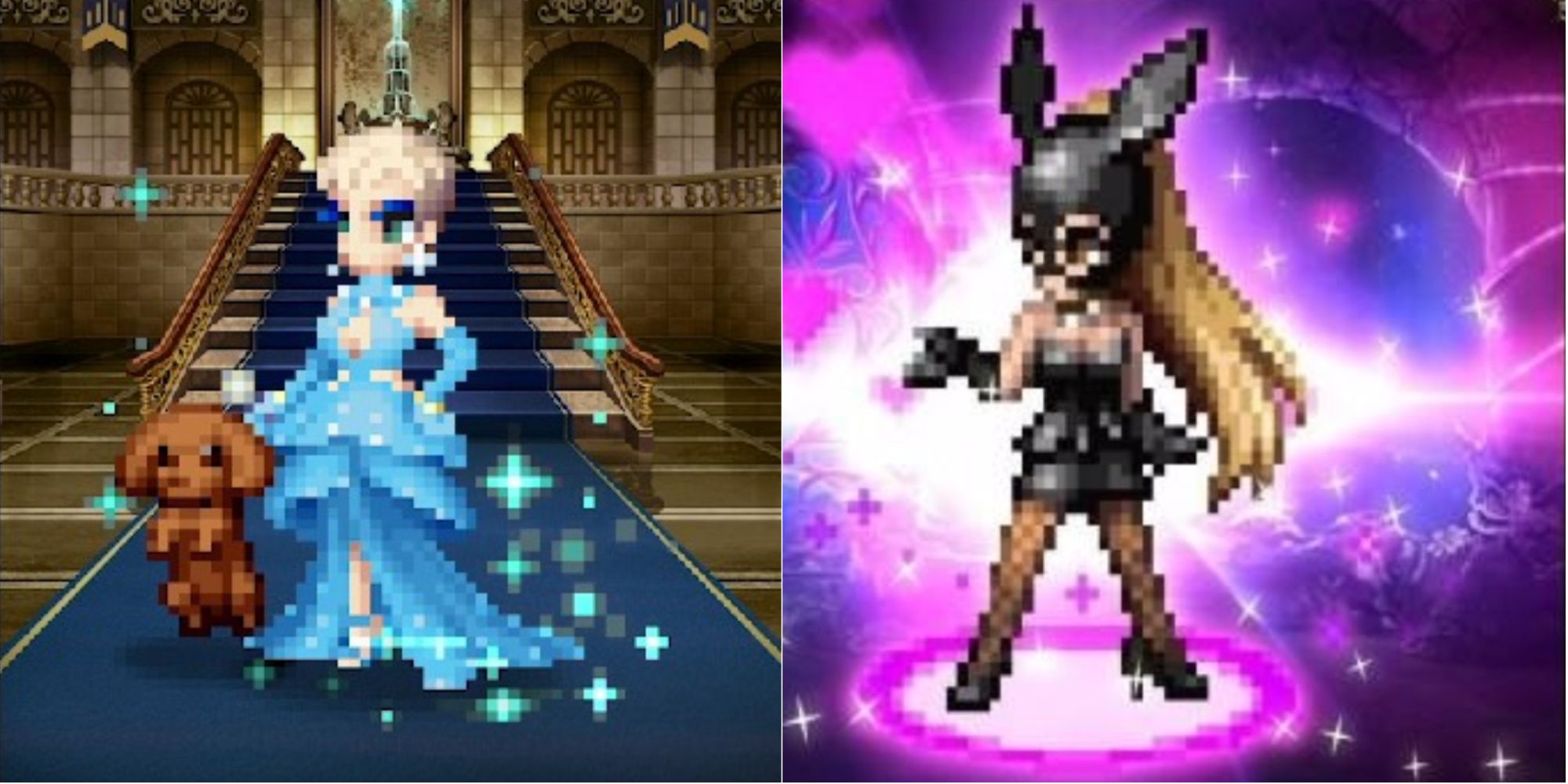 Katy Perry in a castle with a dog, Ariana Grande with a lot of pink glowing hearts around her