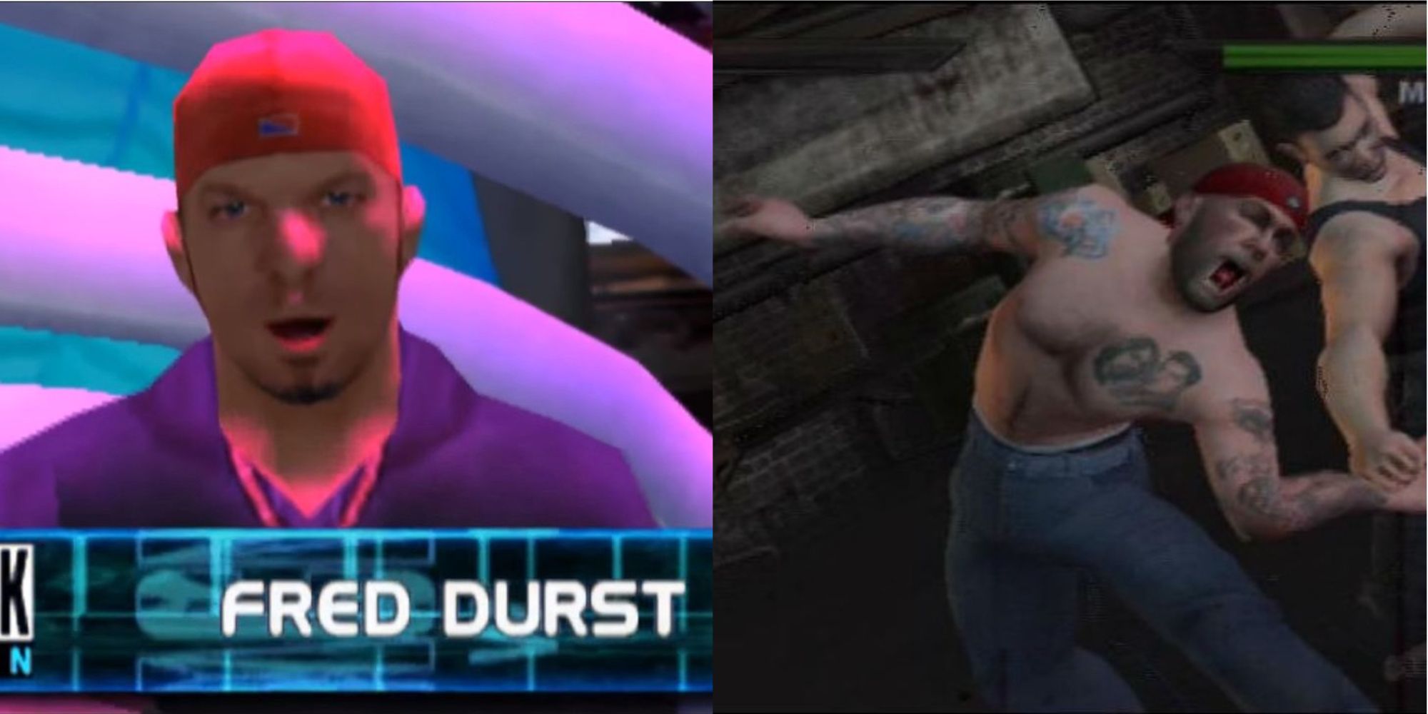 Fred Durst smiling at the camera with his name written underneath, Fred Durst getting his wrist broken