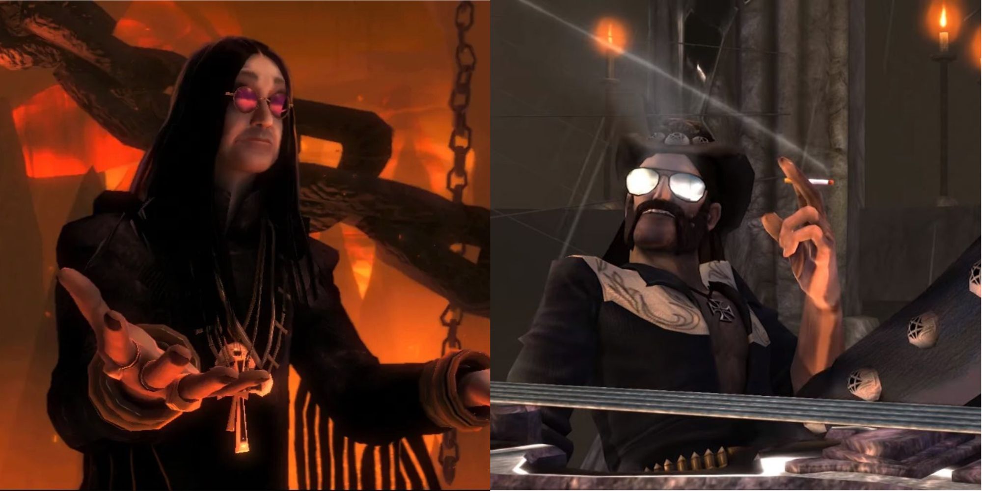 Ozzy Osbourne in front of fiery chains, Lenny Kilmister smoking a cigarette with his legs propped up