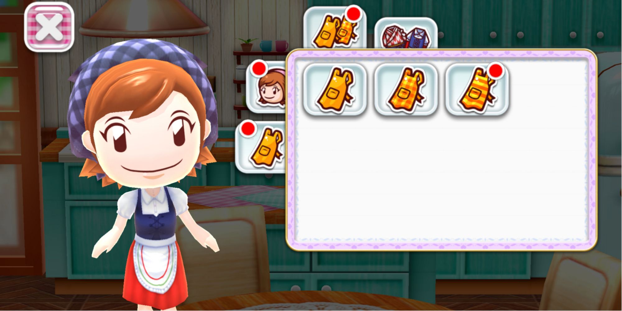 In design menu Mama wears a peasant dress with blue vest and red skirt