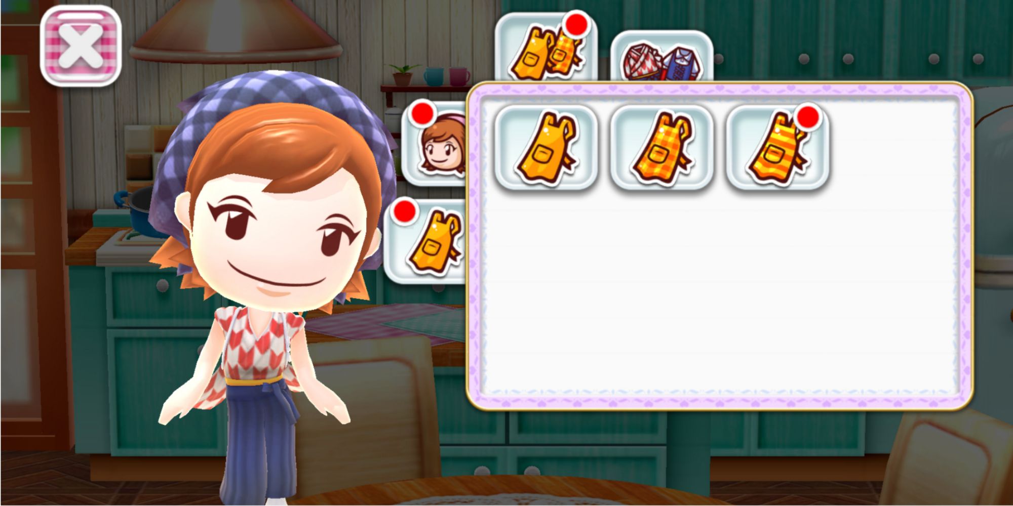 In design menu Mama wears a hakama with a red pattern and black bottoms