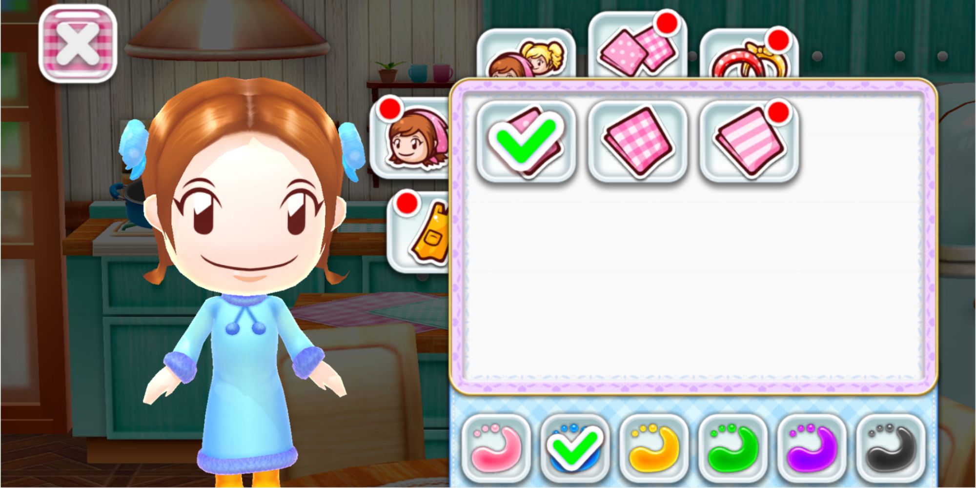 In design menu Mama wears a blue dress with fuzzy cuffs