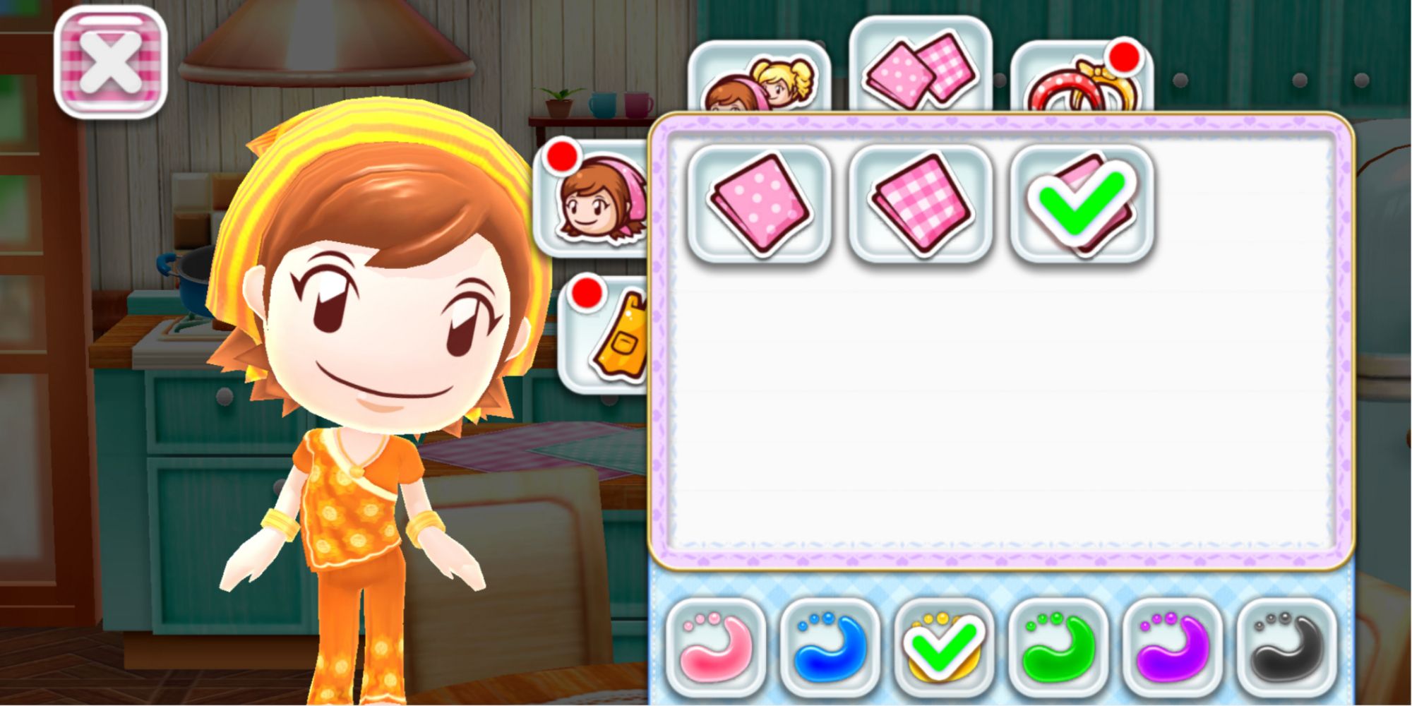 In design menu Cooking Mama wears an orange and yellow saree with a yellow bandana