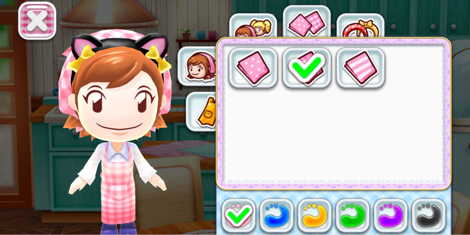 In design menu Mama wears a pink apron and black cat ears