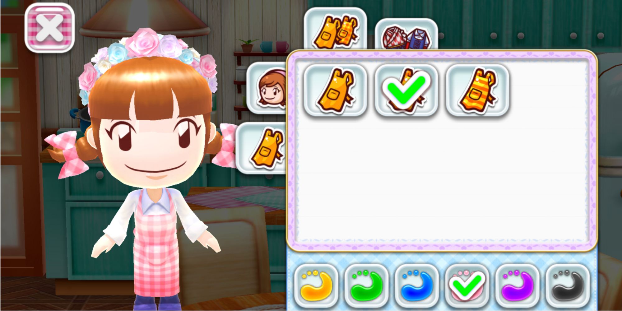In design menu Mama wears a pink apron and a pastel flower crown with pigtails hairstyle