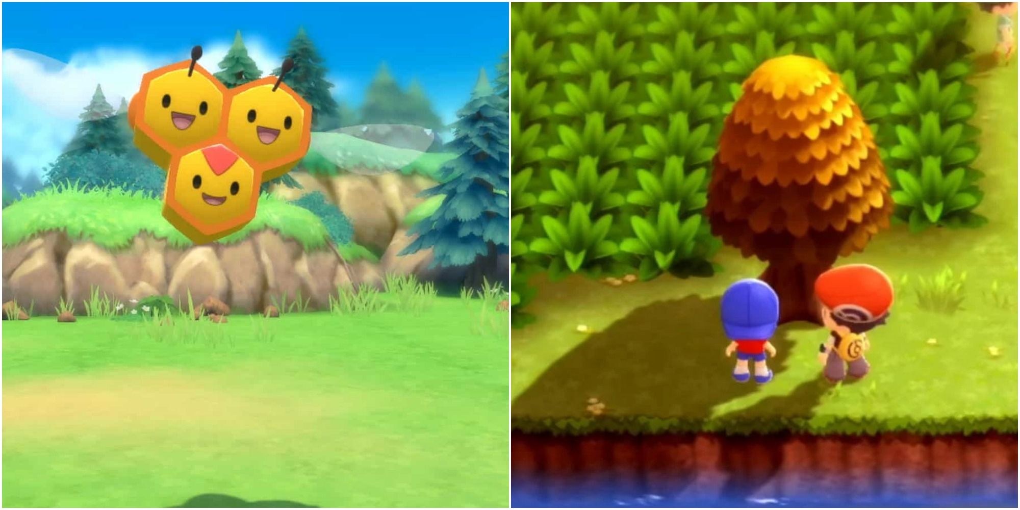 Split image screenshots of Combee and a honey tree in Pokemon Brilliant Diamond and Shining Pearl.