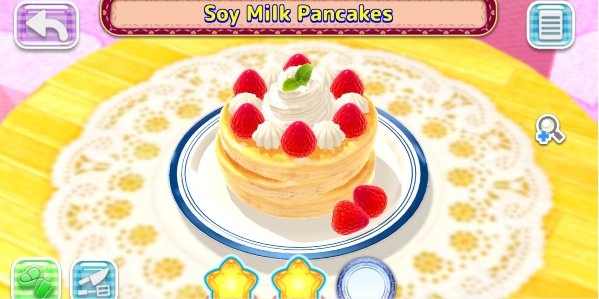 Soy Milk Pancakes on a plate with whipped cream and strawberries
