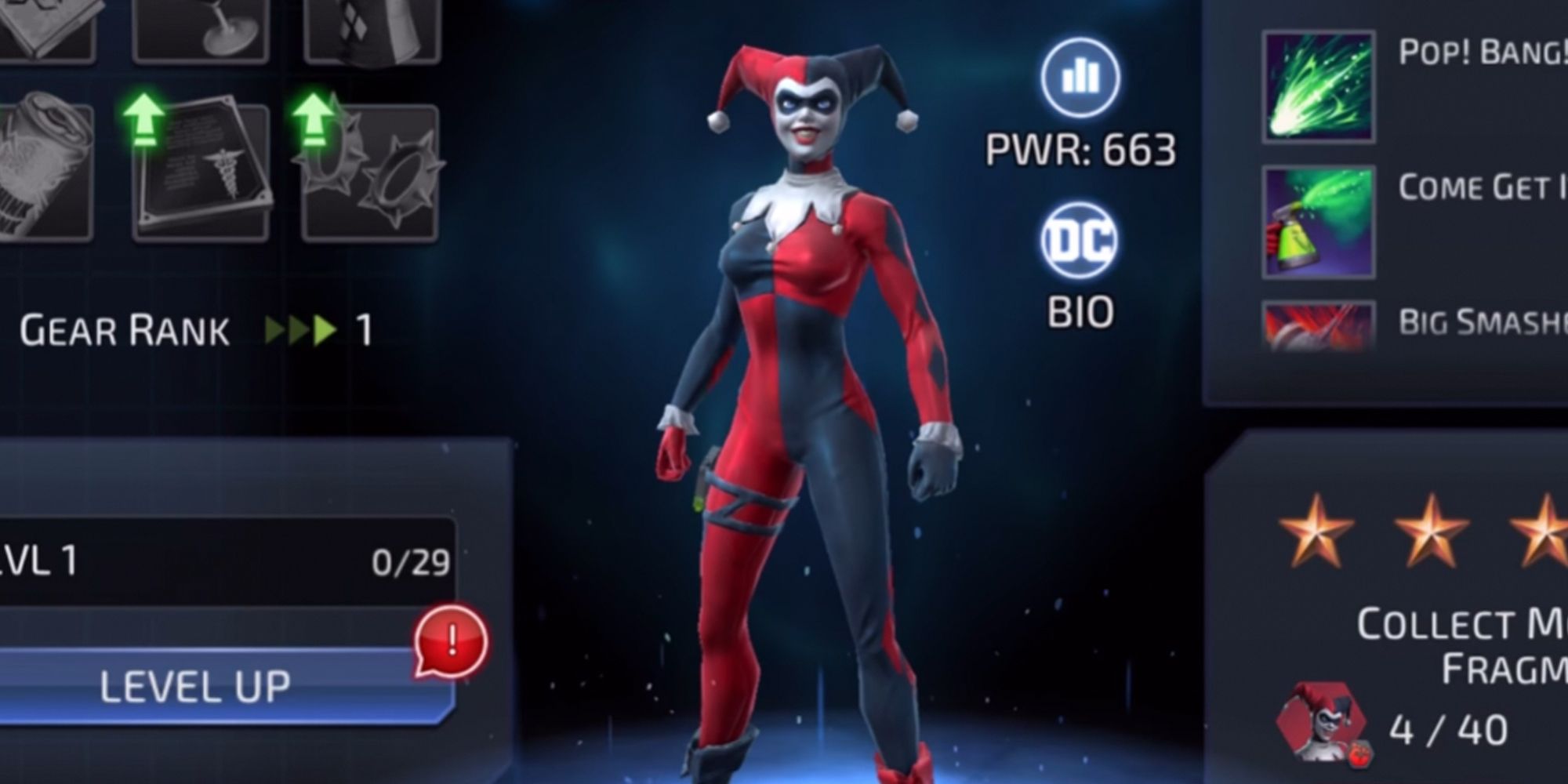 Harley Quinn selection screen in DC Legends