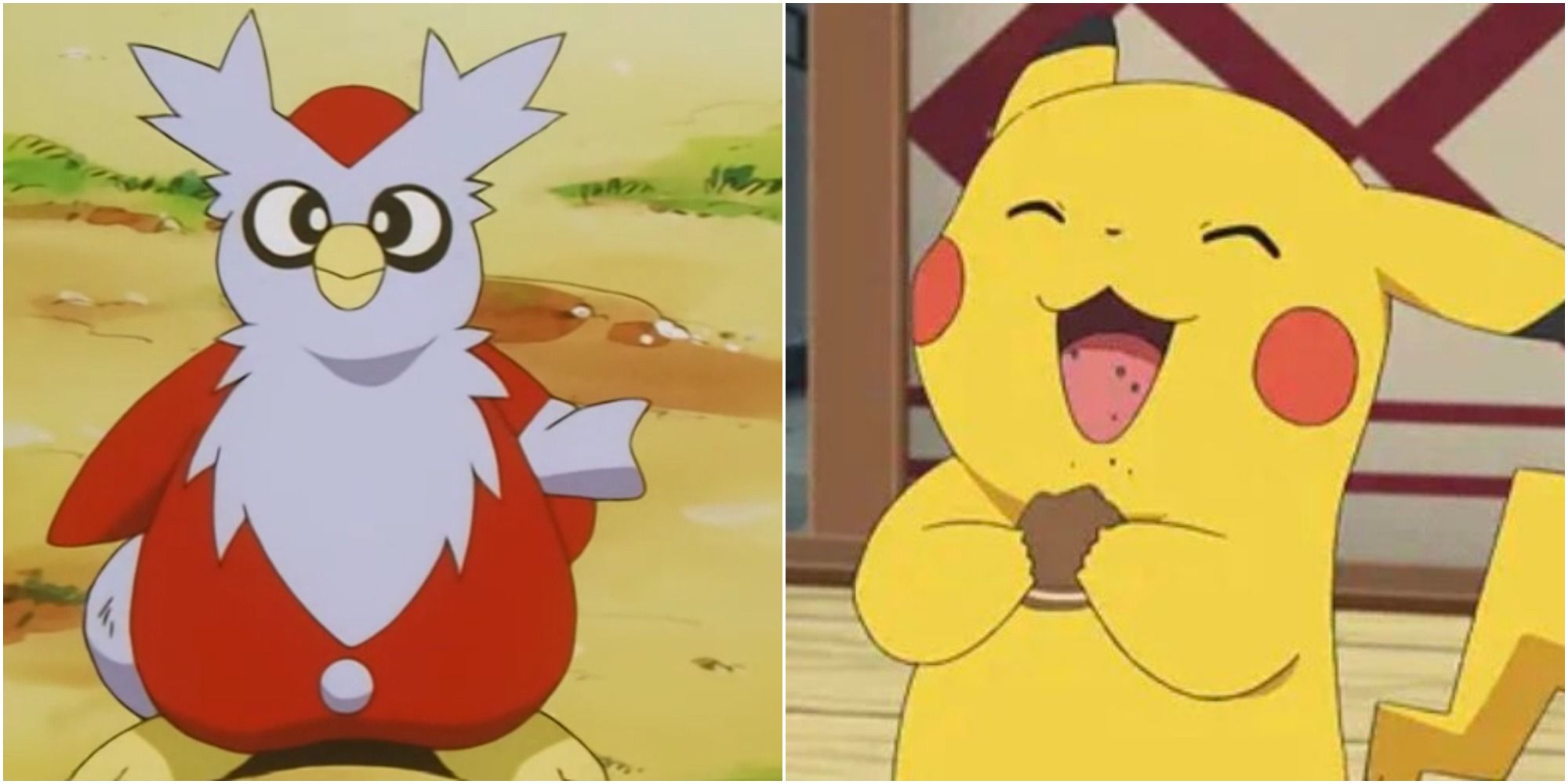 Split image screenshots of Delibird and Pikachu eating a cookie.