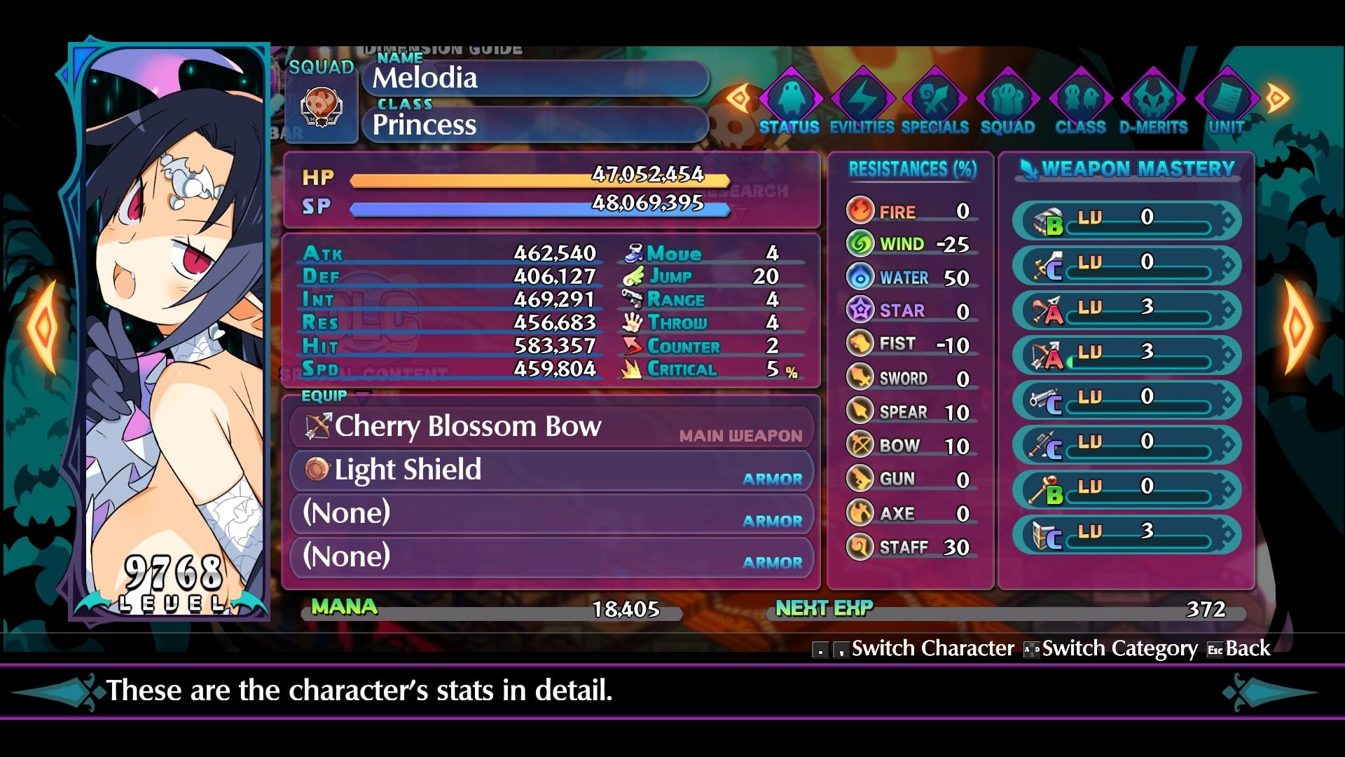 Disgaea 6 - Melodia status screen