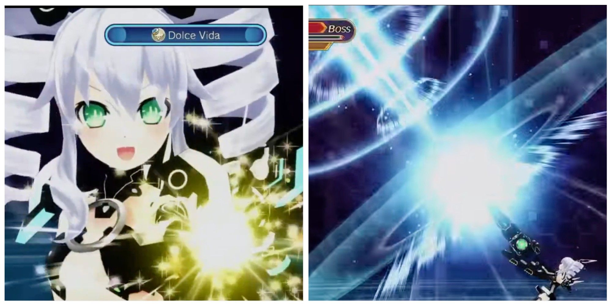 Dolce Vida Neptunia Uni pointing her gun left, shooting the sky right