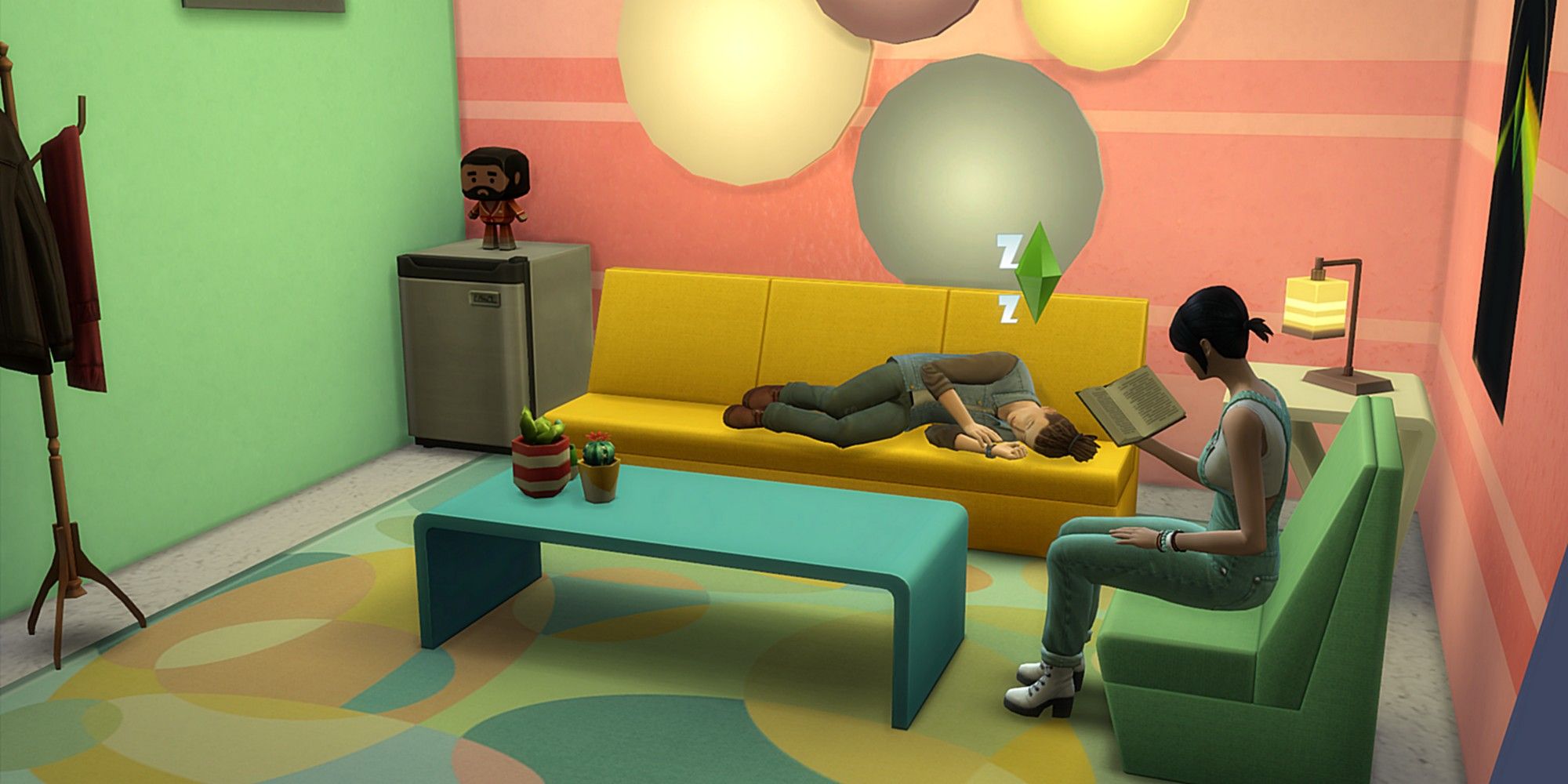 Sims 4 couple in living room, woman reading man sleeping