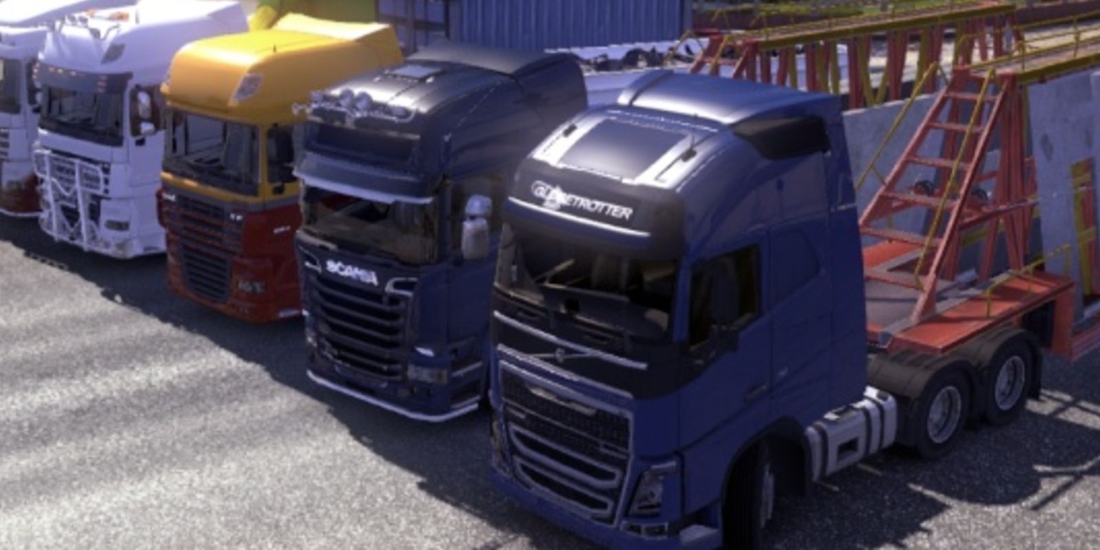 ETS2 Multiplayer Mod showing five trucks parked next to each other
