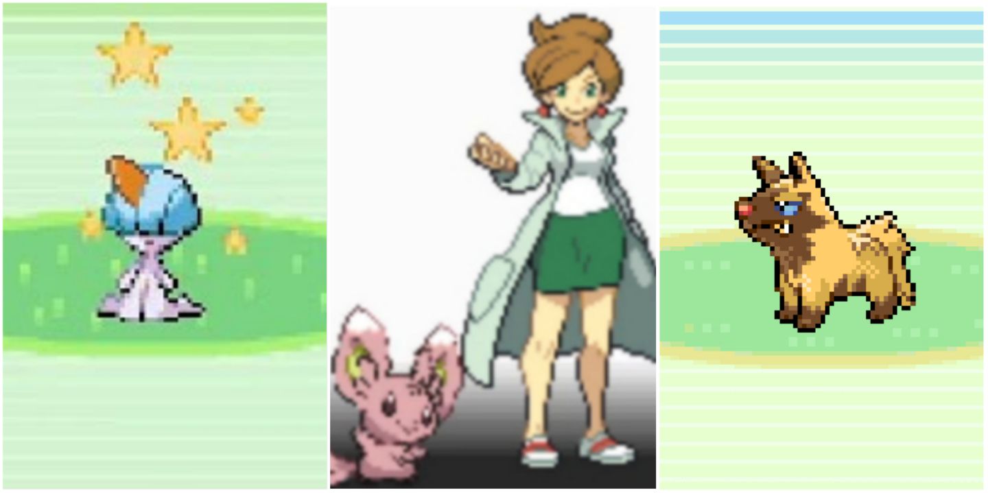 Split image screenshots of Shiny Ralts in Pokemon RSE, Professor Juniper with a Shiny Minccino in Pokemon Black and White and a Shiny Poocheyena in Pokemon RSE.