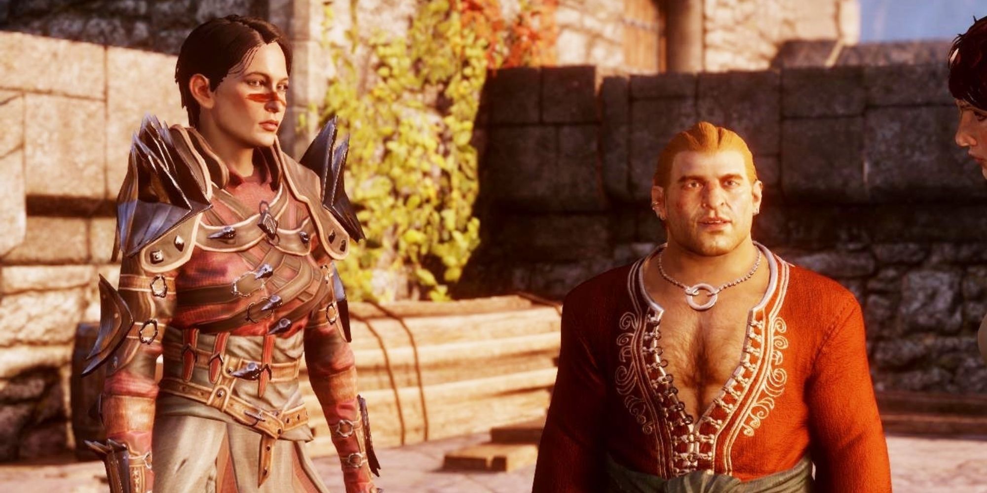 Female Hawke and Varric conversing with the Inquisitor in Skyhold