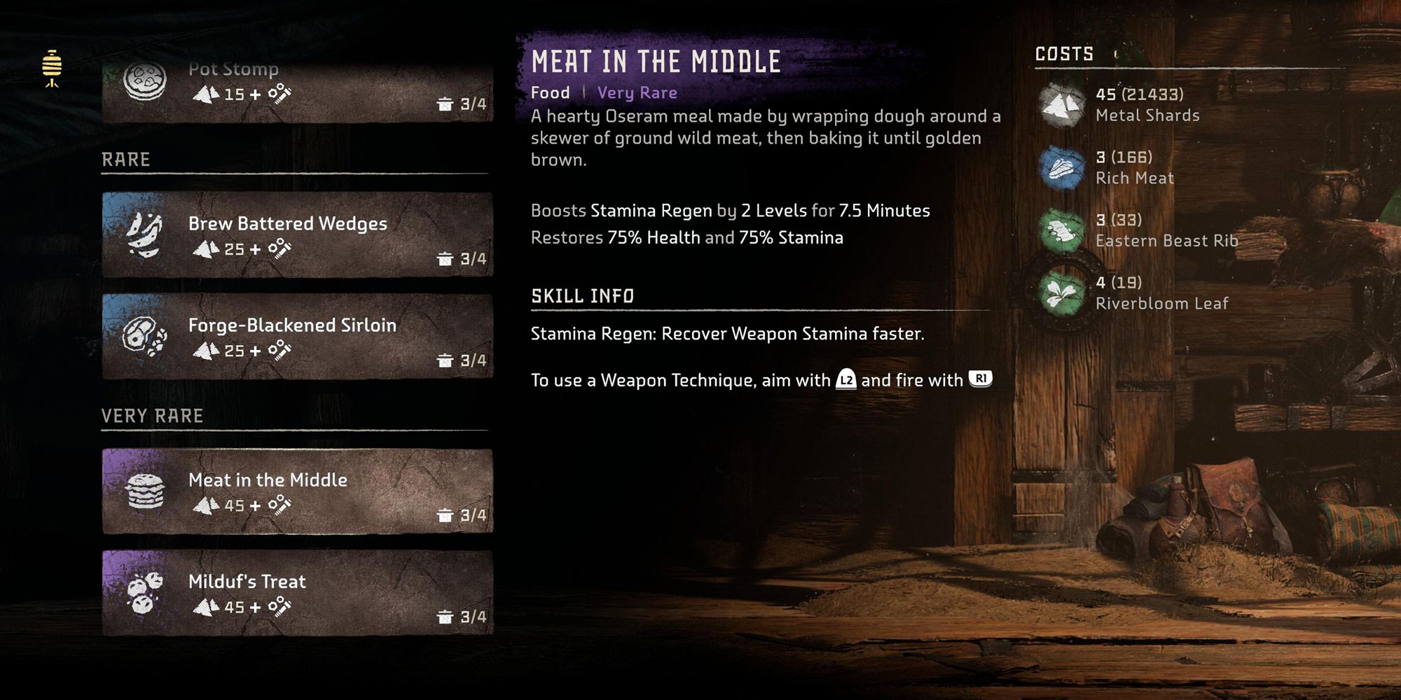 Horizon Forbidden West food store screen. Meat in the Middle.
