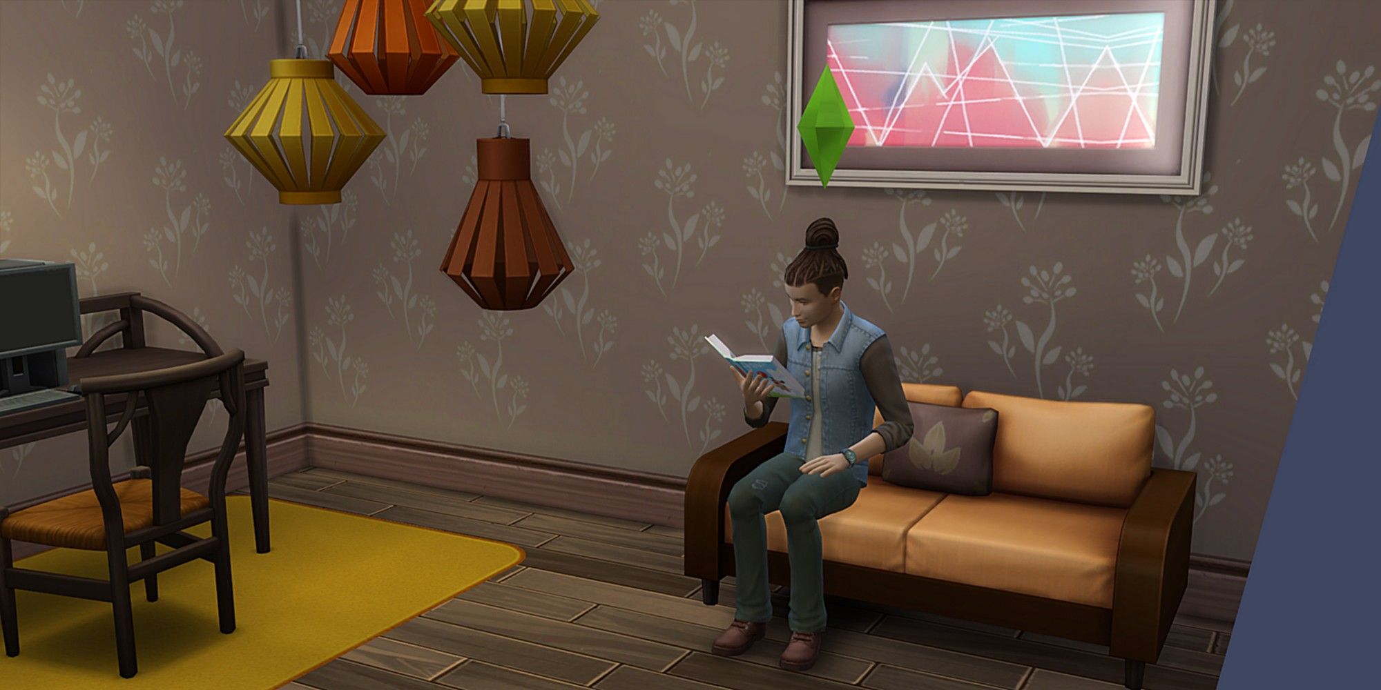 Male Sim reading in a living room in The Sims 4