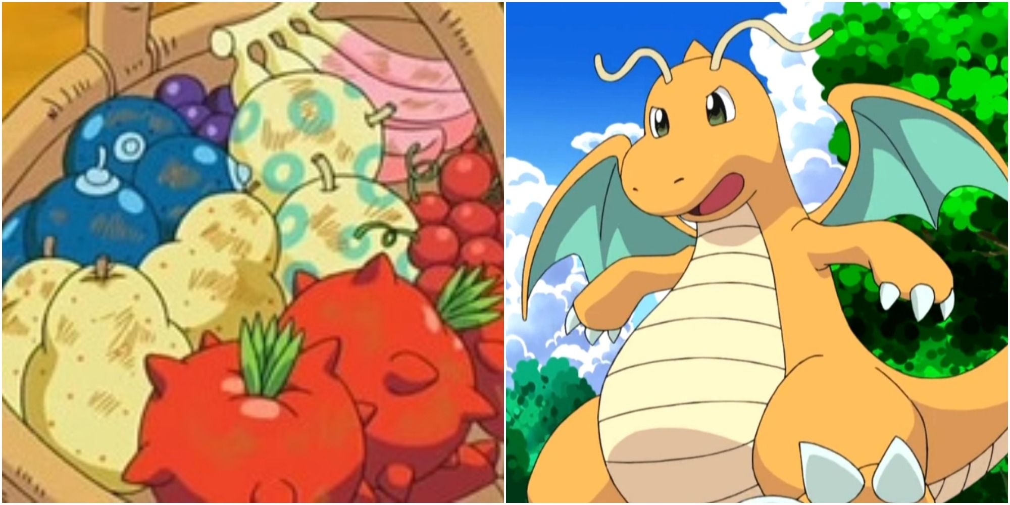 Split image screenshots of fruit and Dragonite.