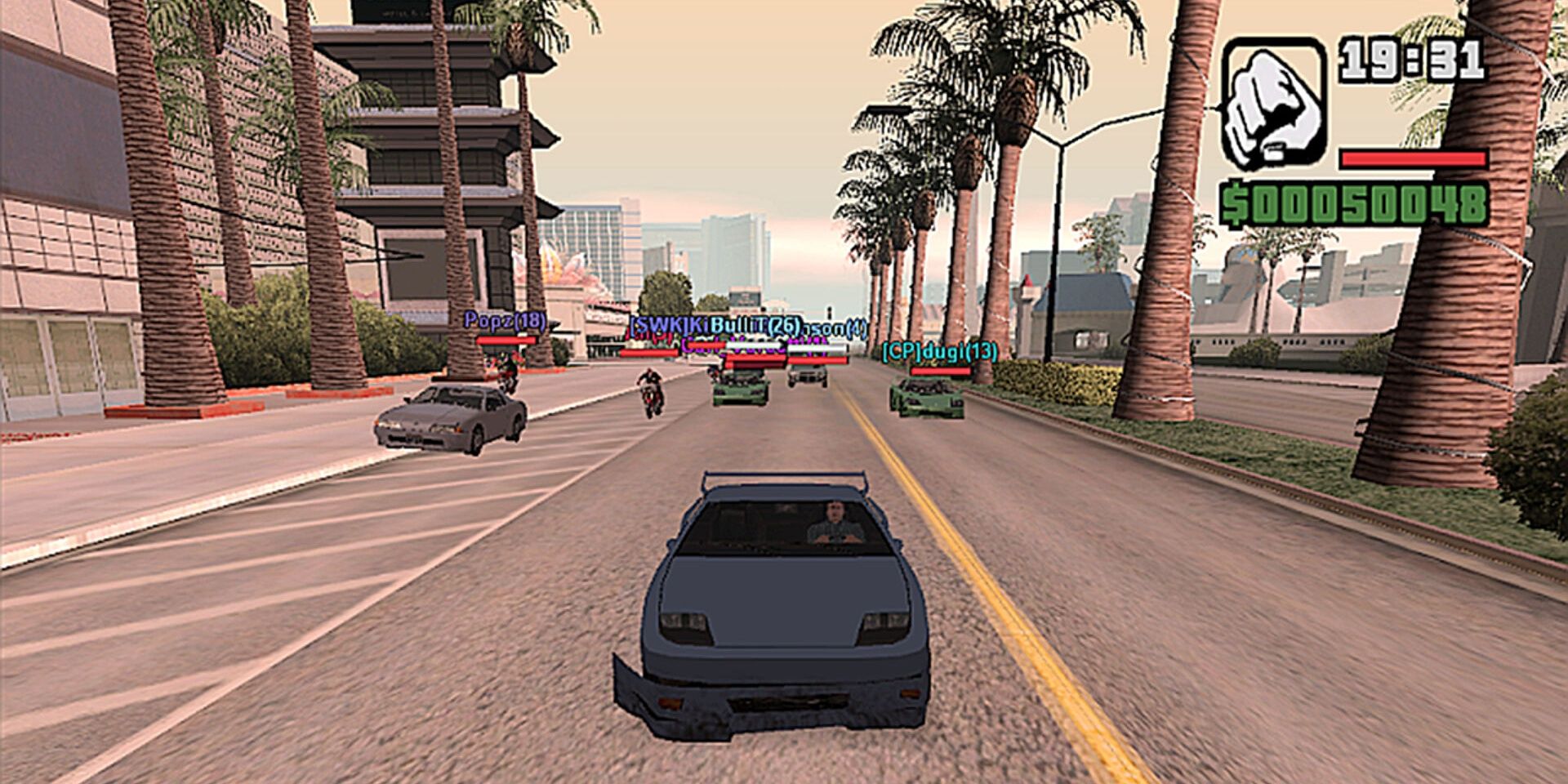 GTA San Andreas Multiplayer Mod showing various players online in cars or on motorbikes