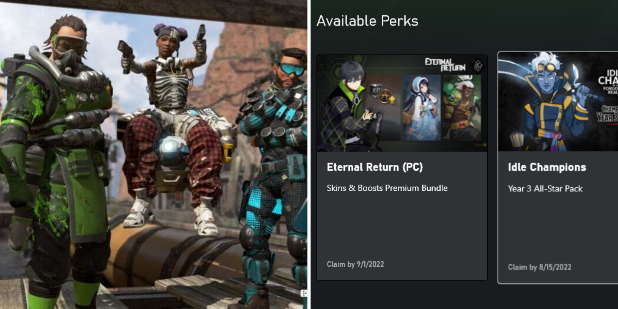 Apex Legends Caustic, Lifeline, and Mirage wearing skins, and Game Pass Ultimate Perks shown