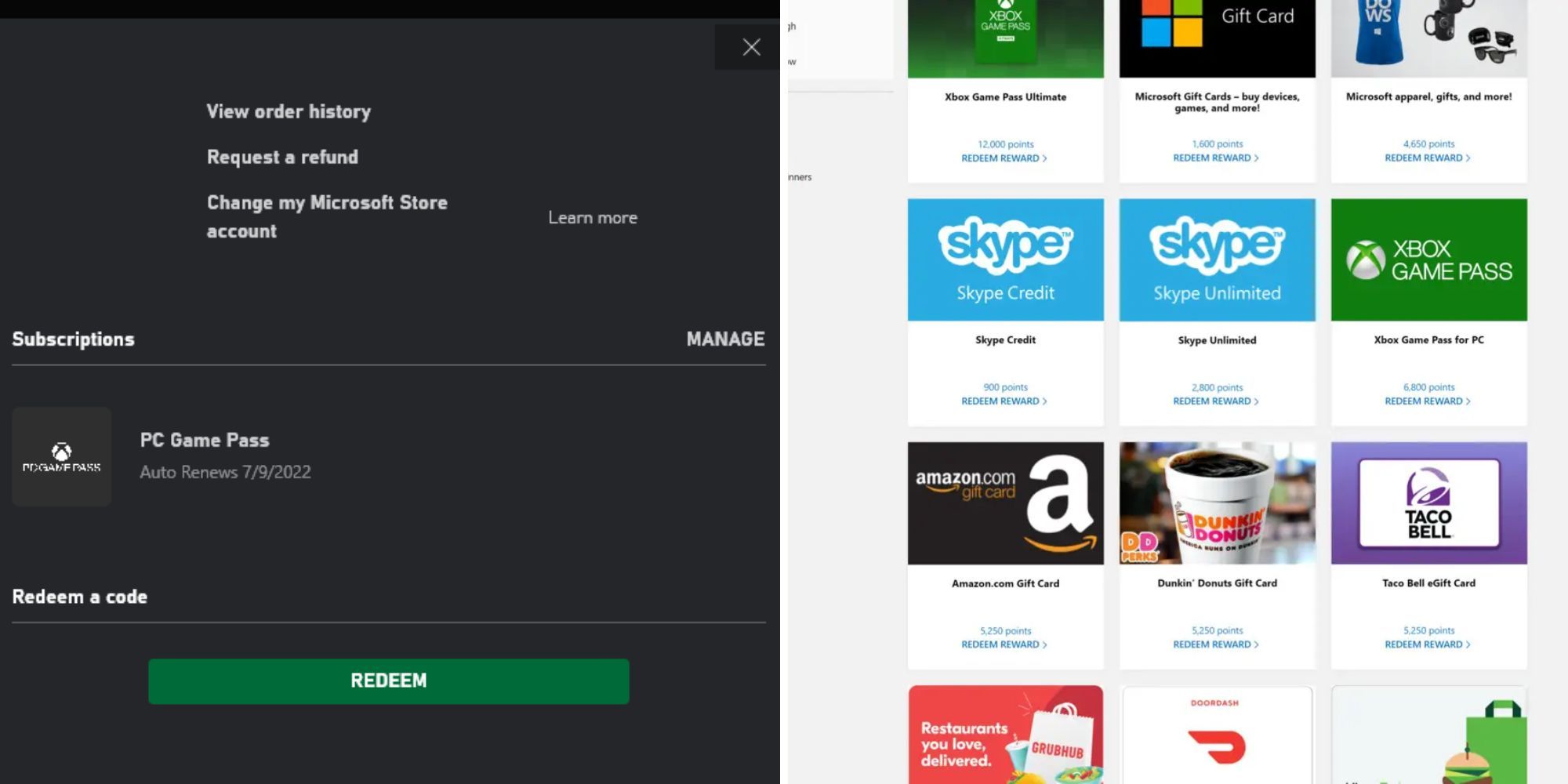 Subscriptions page with code redeem button, Game Pass Rewards options on right